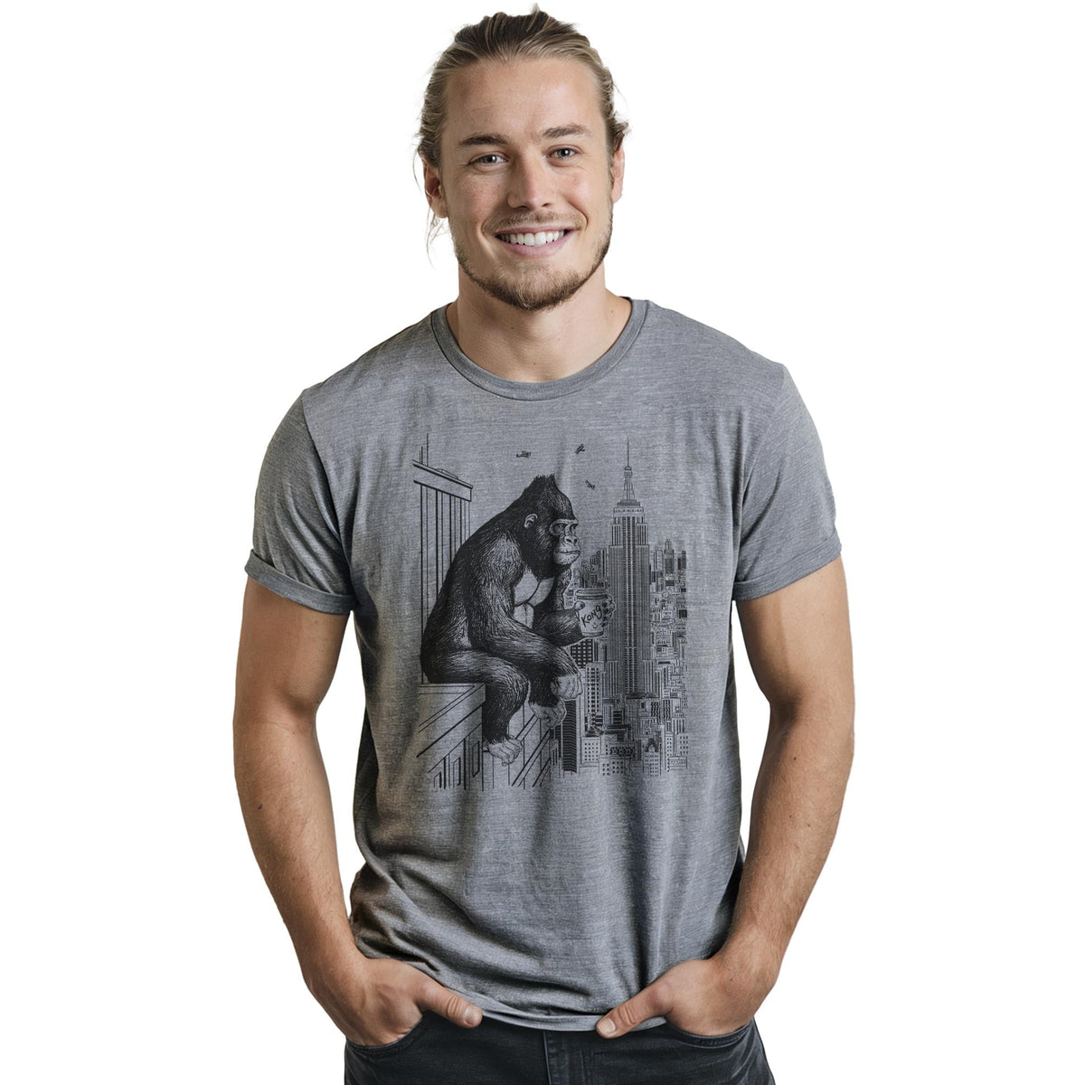 King Coffee Break Funny Staple T-shirt in Ash Heather On Model - Front View