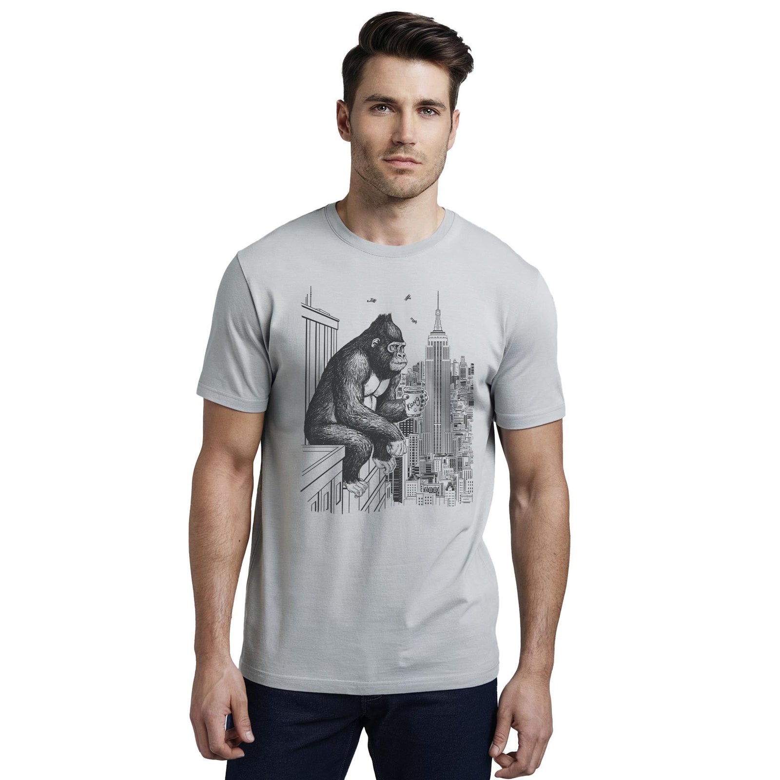 King Coffee Break Funny Staple T-shirt in Silver On Model - Front View