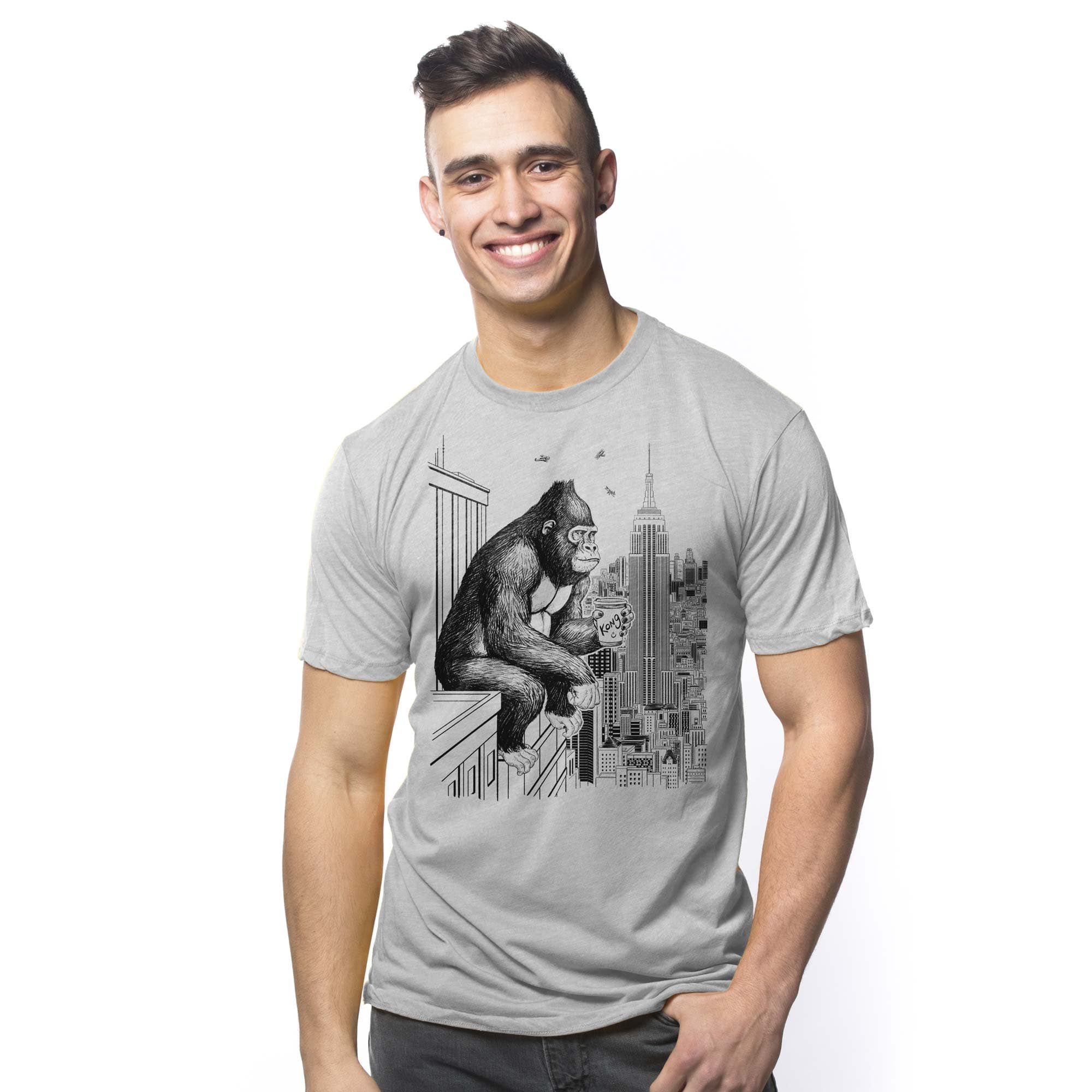 Men's King Coffee Break Funny Graphic T-Shirt | Cool New York Kong Tee On Model | Solid Threads