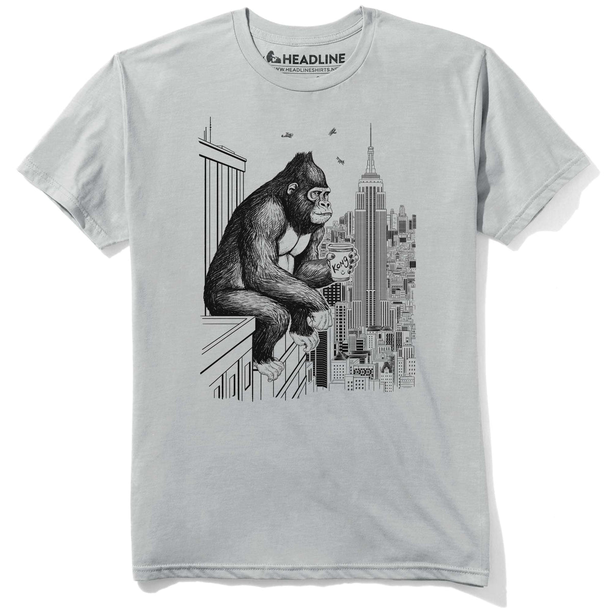 Men&#39;s King Coffee Break Funny Graphic T-Shirt | Cool Skyscraper New York Kong Tee | Solid Threads