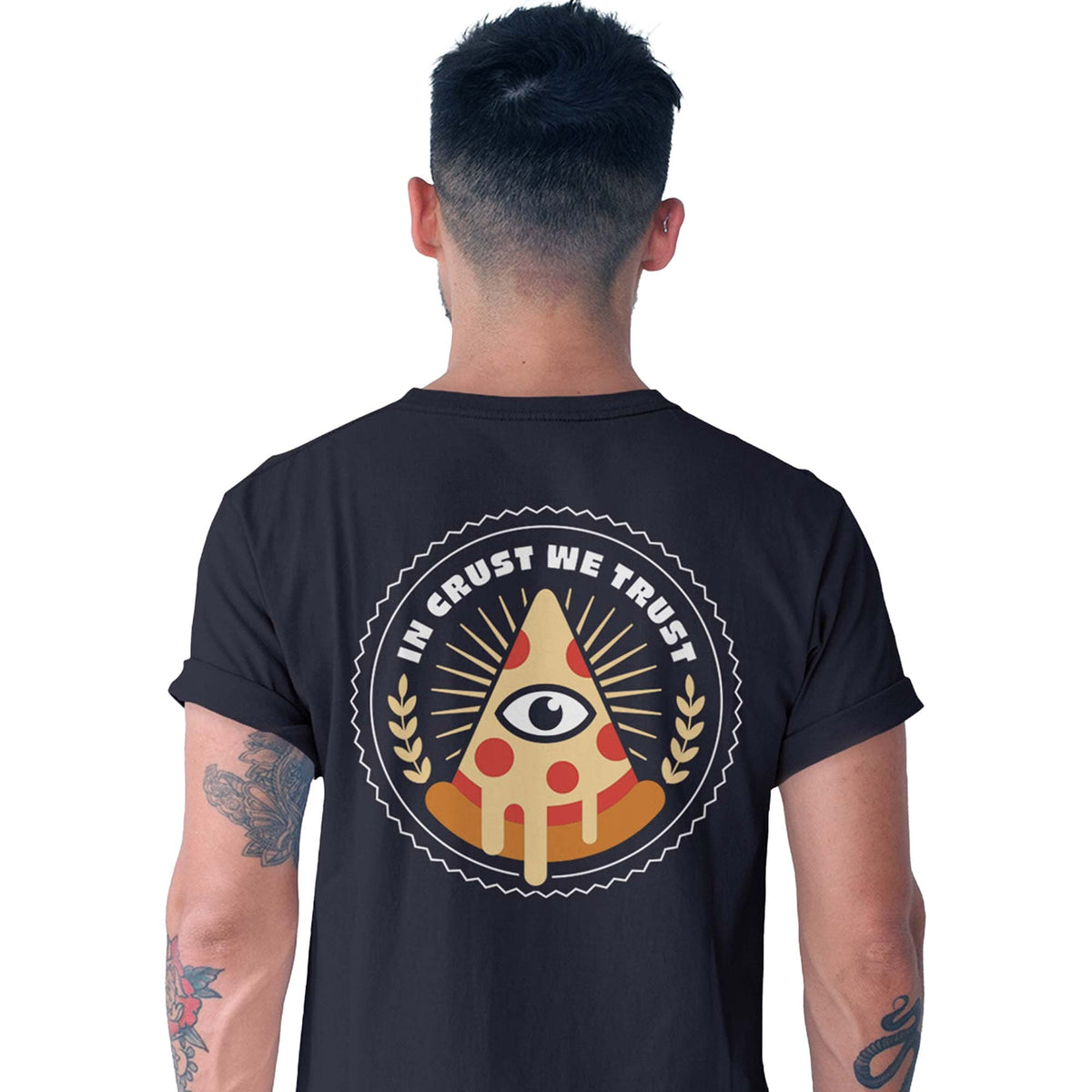 Men's All Seeing Pizza Slice Artsy Graphic T-Shirt | Vintage Illuminati Front + Back Tee On Model 2 | Solid Threads