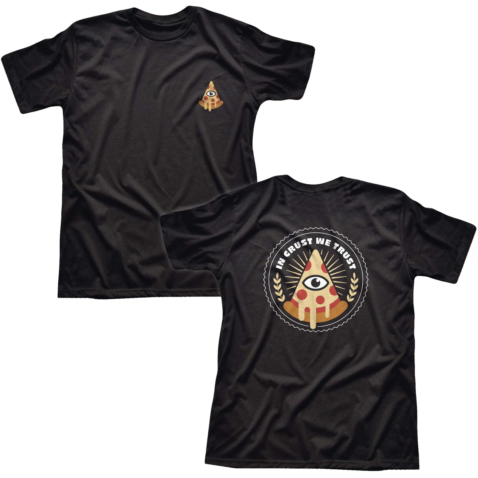 Men's All Seeing Pizza Slice Designer Graphic T-Shirt | Cool Eye Illuminati Front + Back Tee | Solid Threads