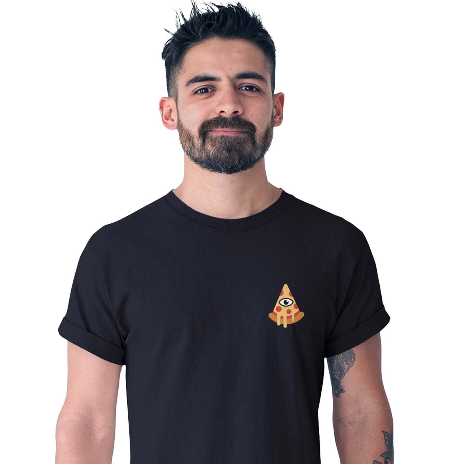 Men's All Seeing Pizza Slice Artsy Graphic T-Shirt | Vintage Illuminati Front + Back Tee On Model 1 | Solid Threads