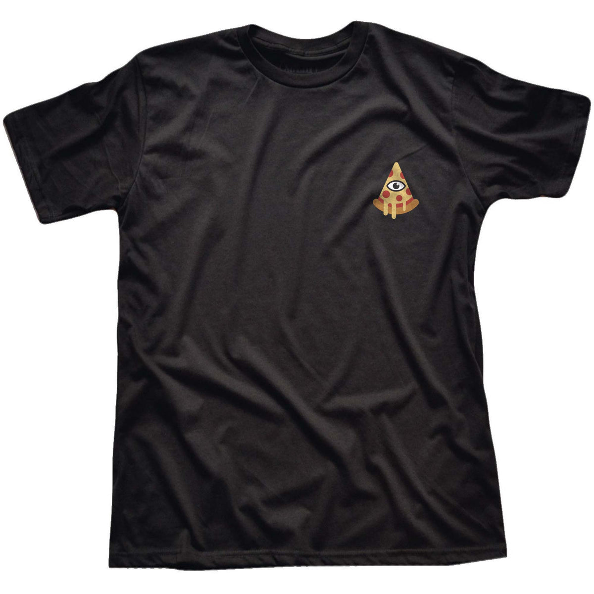 Men&#39;s All Seeing Pizza Slice Designer Graphic T-Shirt | Cool Eye Illuminati Tee Front | Solid Threads
