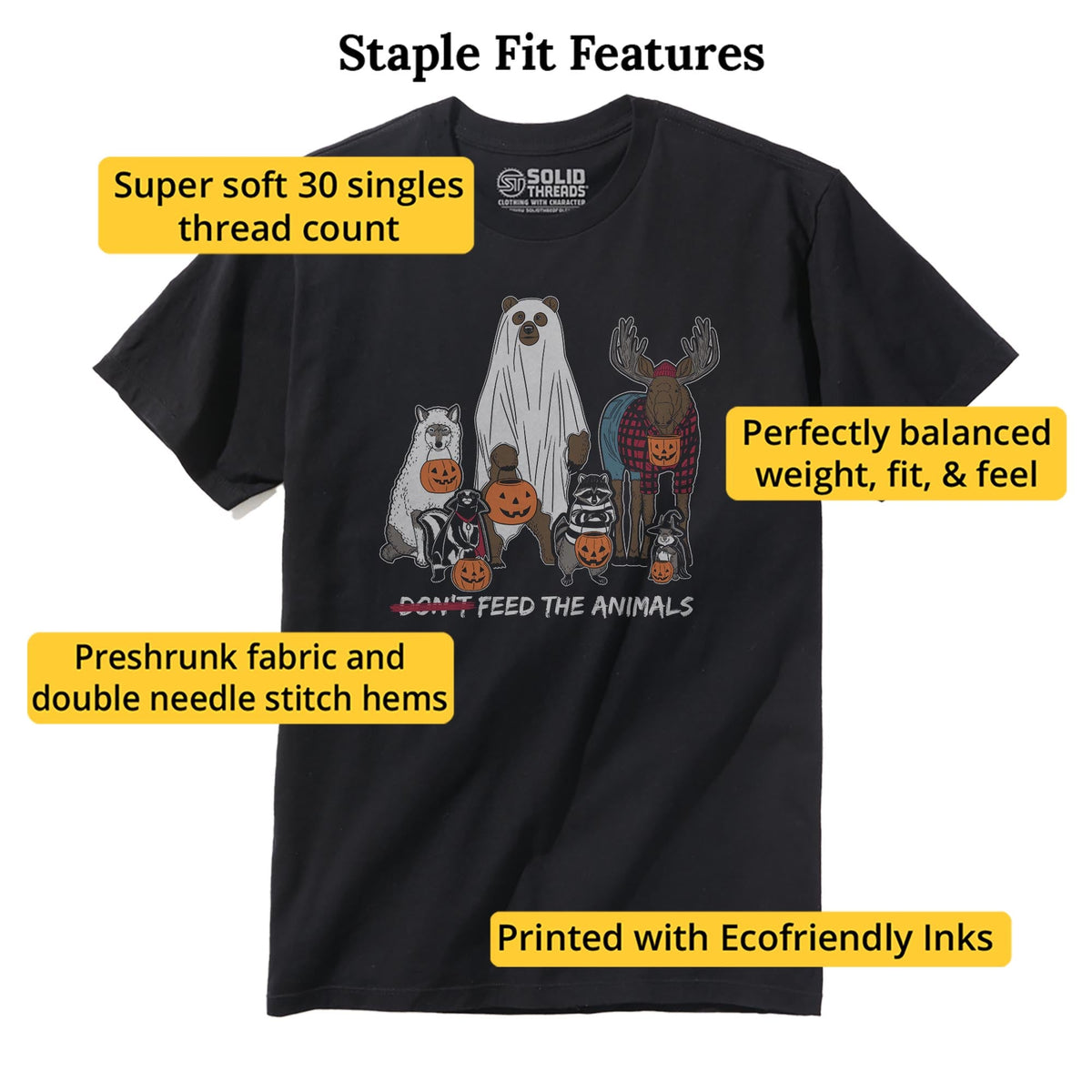 Feed The Animals Funny Staple T-shirt in Black - Fit Attributes