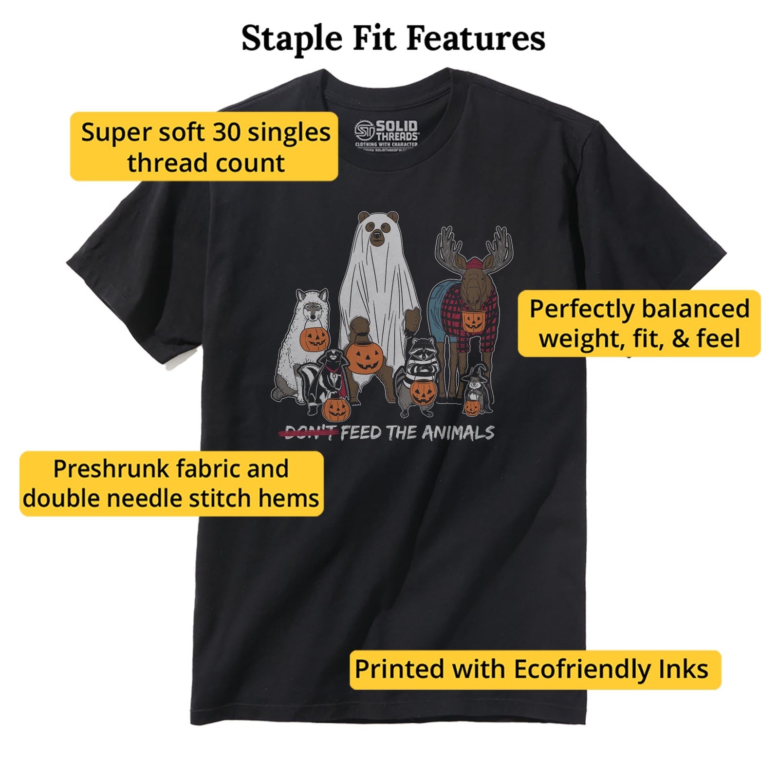 Feed The Animals Funny Staple T-shirt in Black - Fit Attributes