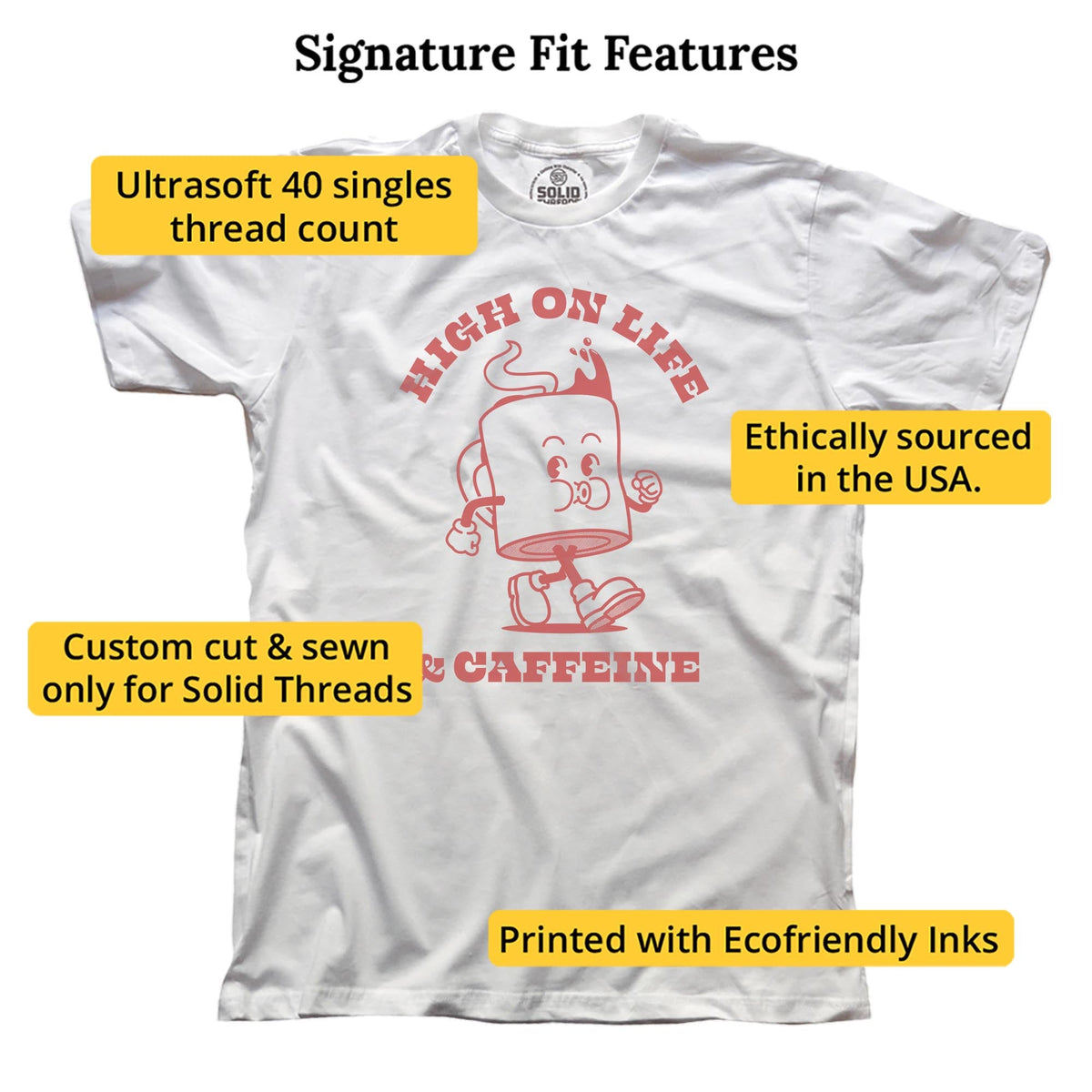 High On Life & Caffeine Funny Signature T-shirt in White - Fit Attributes