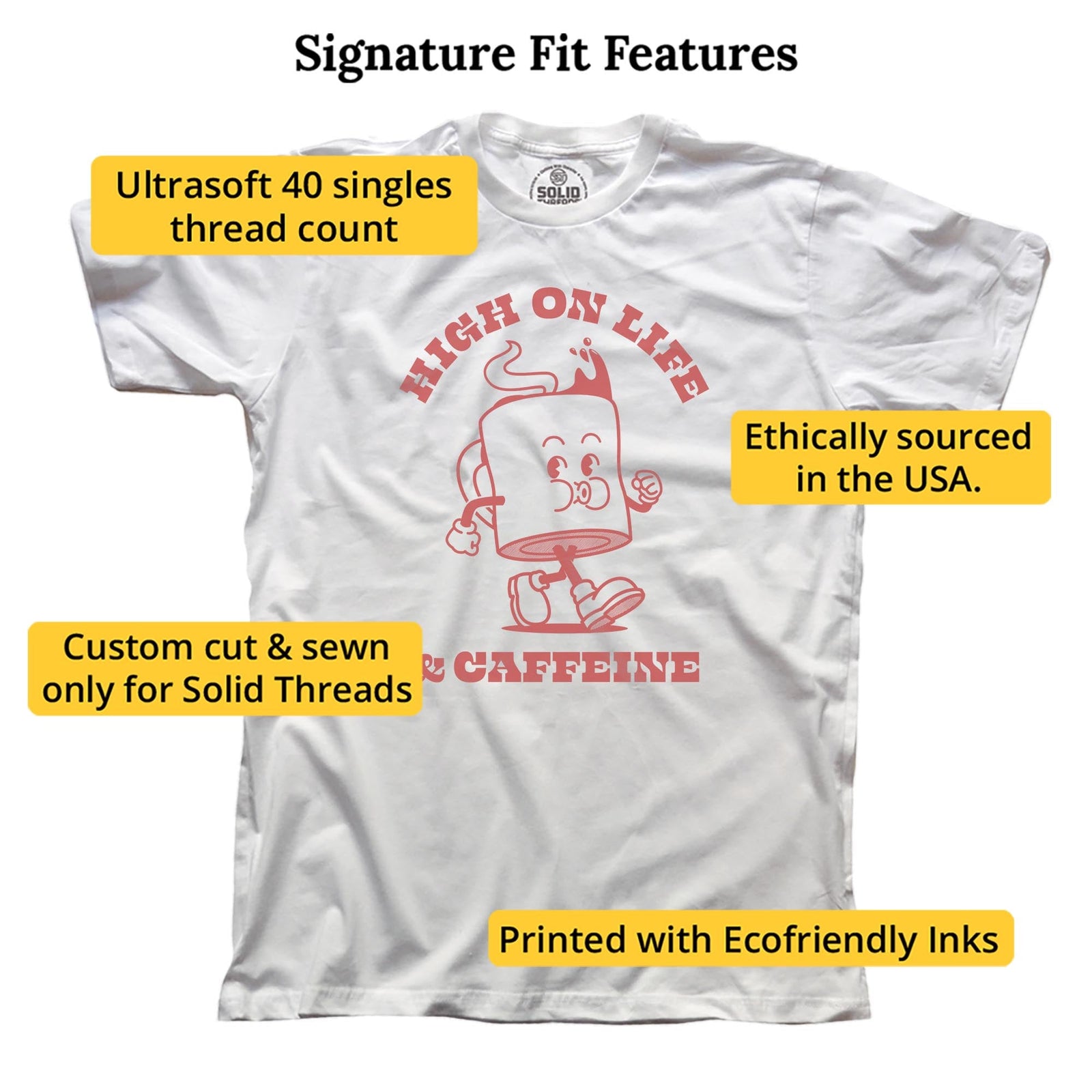 High On Life & Caffeine Funny Signature T-shirt in White - Fit Attributes