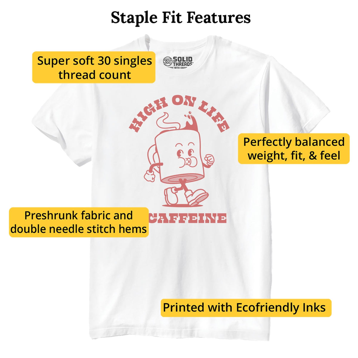 High On Life & Caffeine Funny Staple T-shirt in White - Fit Attributes