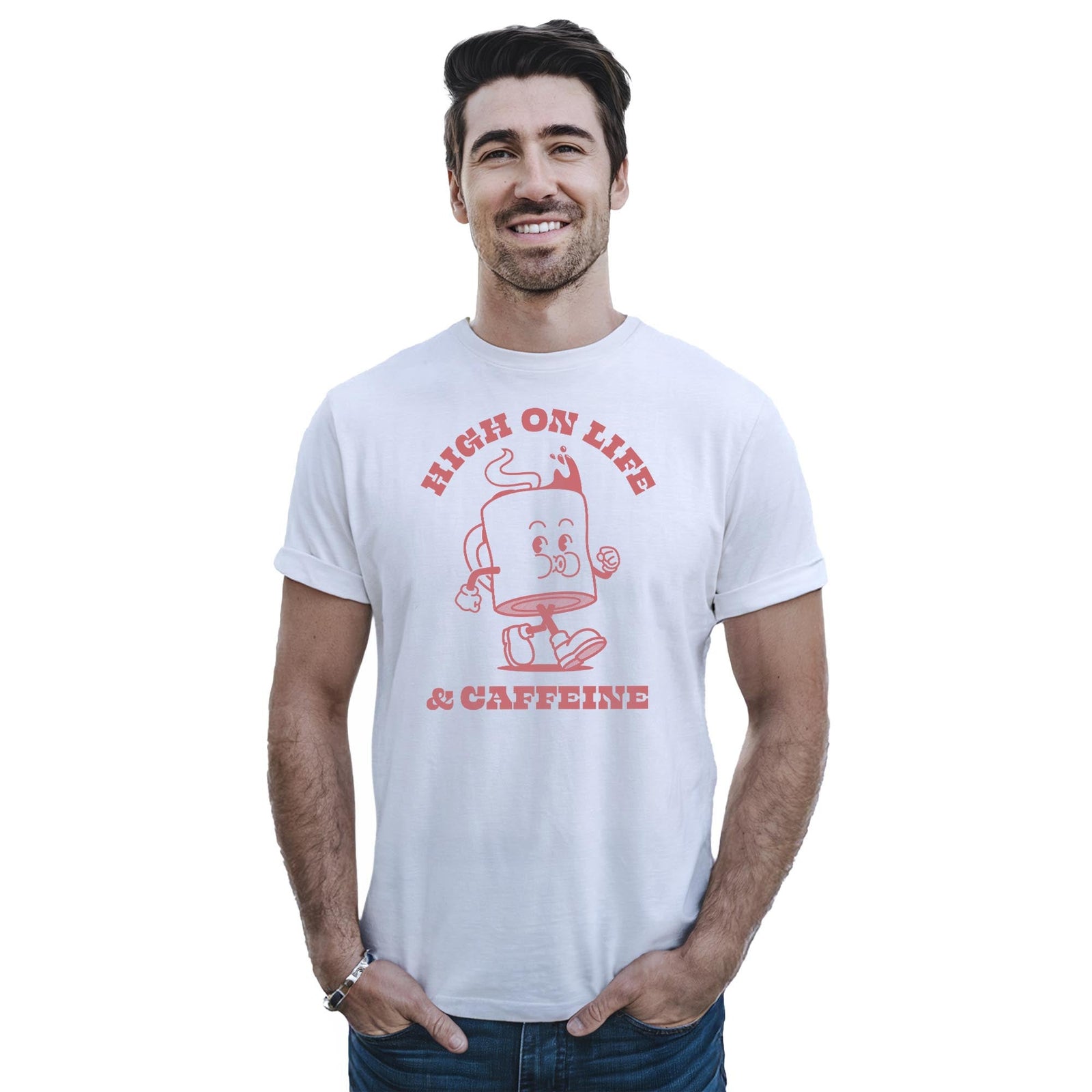 High On Life & Caffeine Funny Staple T-shirt in White On Model - Front View