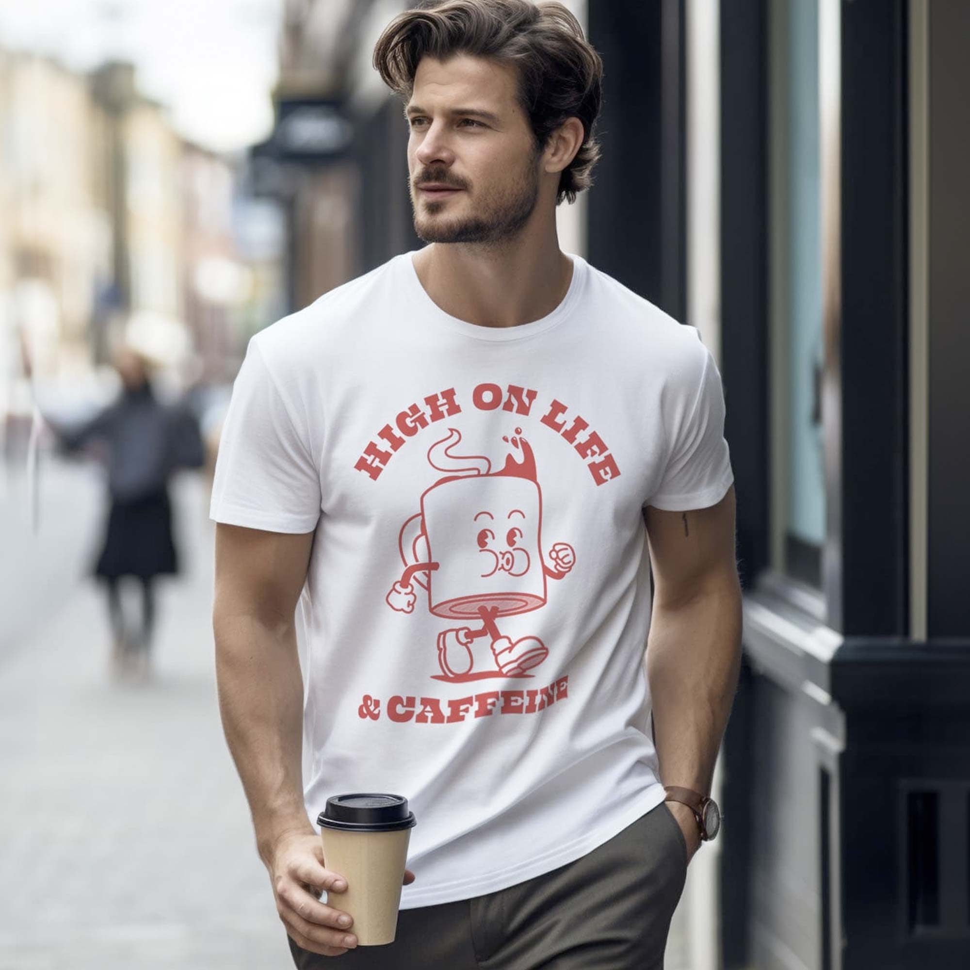 Men's High On Life & Caffeine Funny Graphic T-Shirt | Cool Coffee Mug Tee On Model | Solid Threads