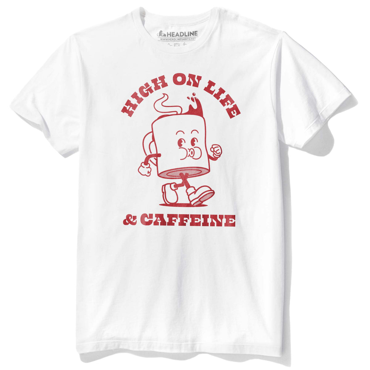Men&#39;s High On Life &amp; Caffeine Funny Graphic T-Shirt | Cool Coffee Mug Whistling Tee | Solid Threads