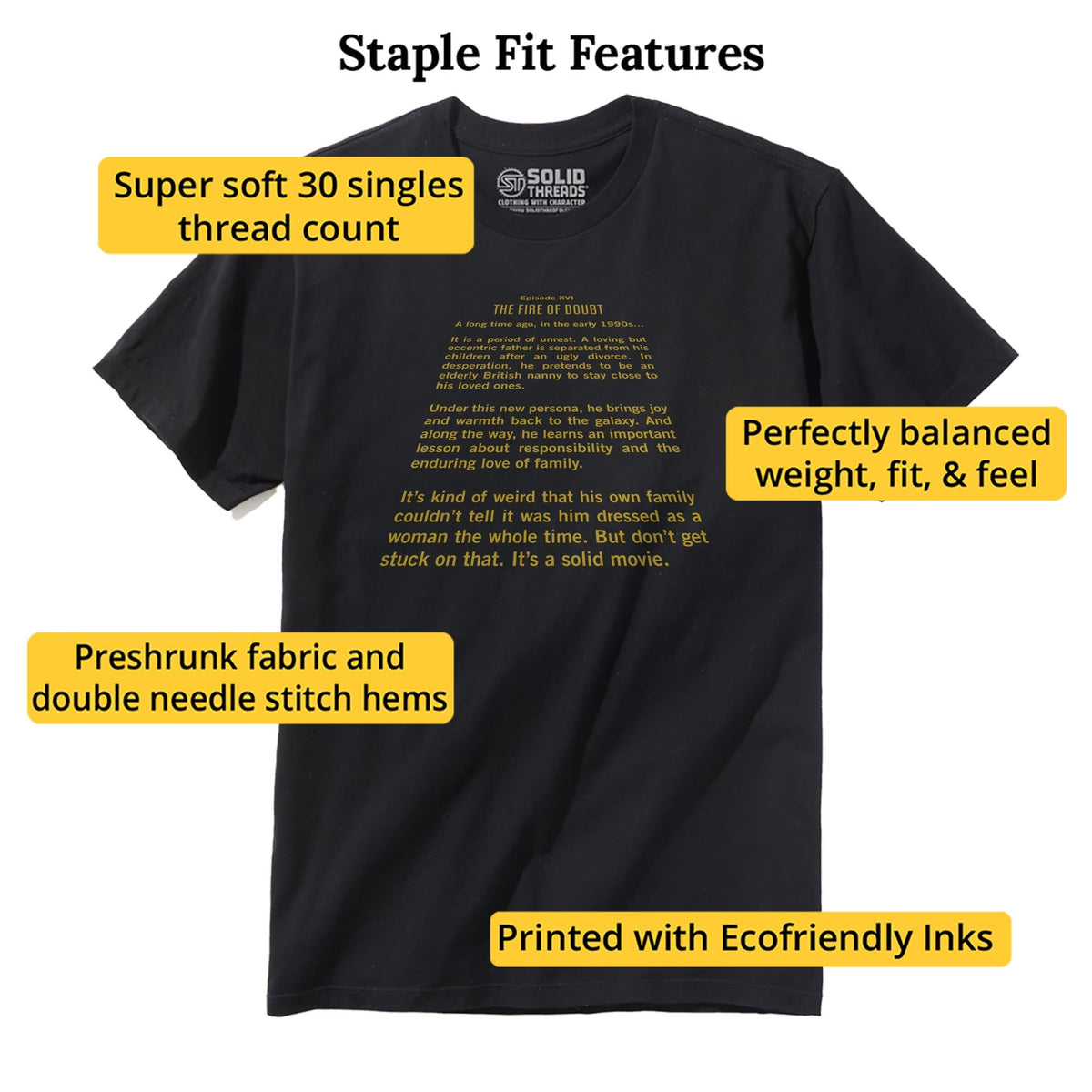 The Fire Of Doubt Funny Staple T-shirt in Black - Fit Attributes
