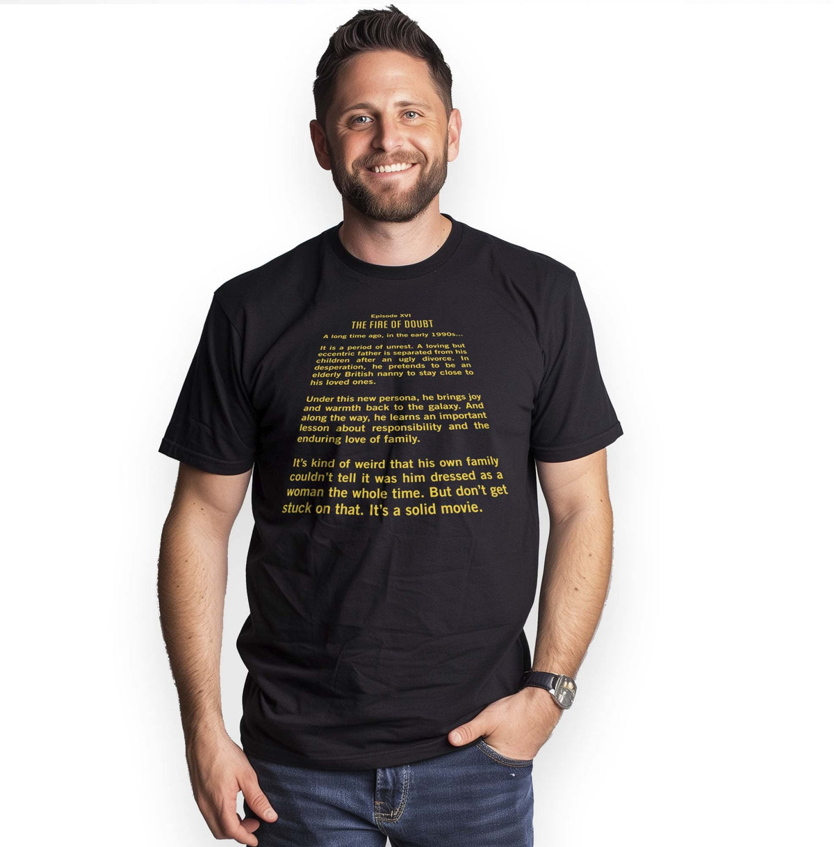 Men's The Fire Of Doubt Funny Graphic T-Shirt | Cool Doubtfire Movie  Tee On Model | Solid Threads