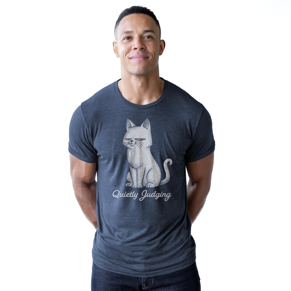 Quietly Judging Cat Funny Staple T-shirt in Navy Heather On Model - Front View