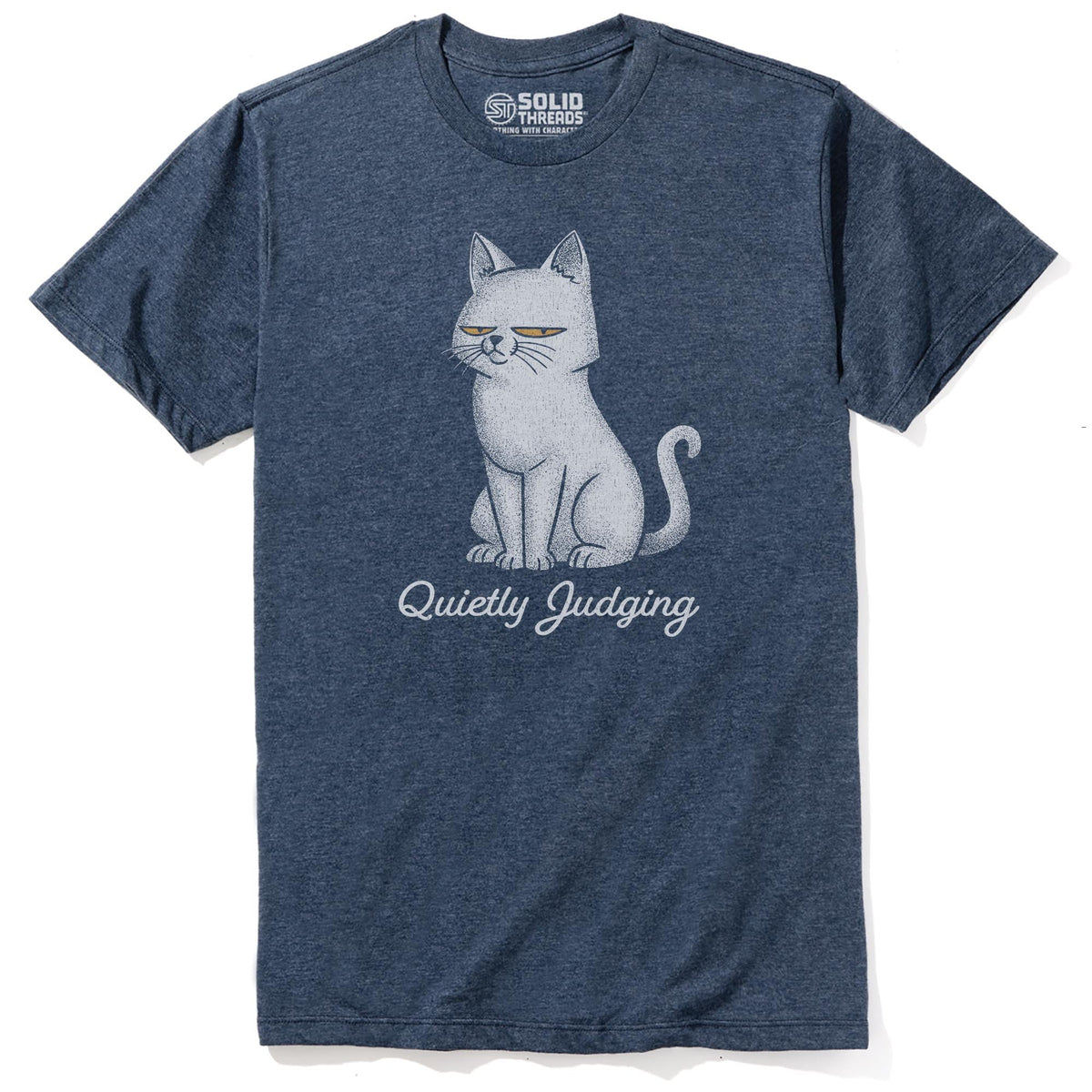 Quietly Judging Cat Funny Staple T-shirt in Navy Heather - Front View