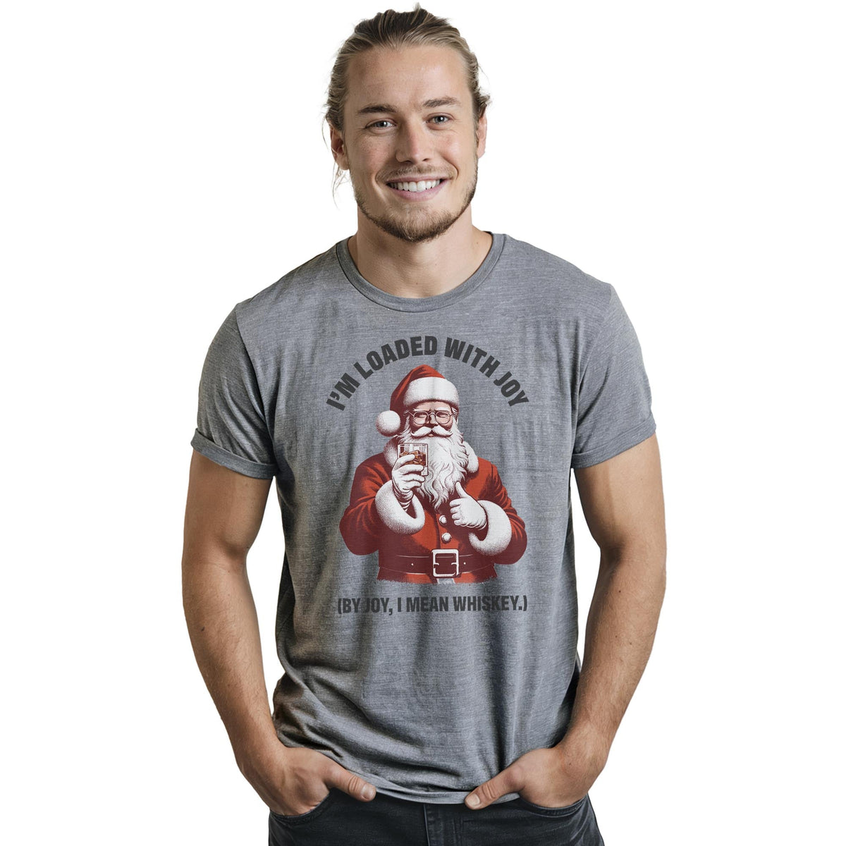 Loaded With Joy Funny Staple T-shirt in Ash Heather On Model - Front View