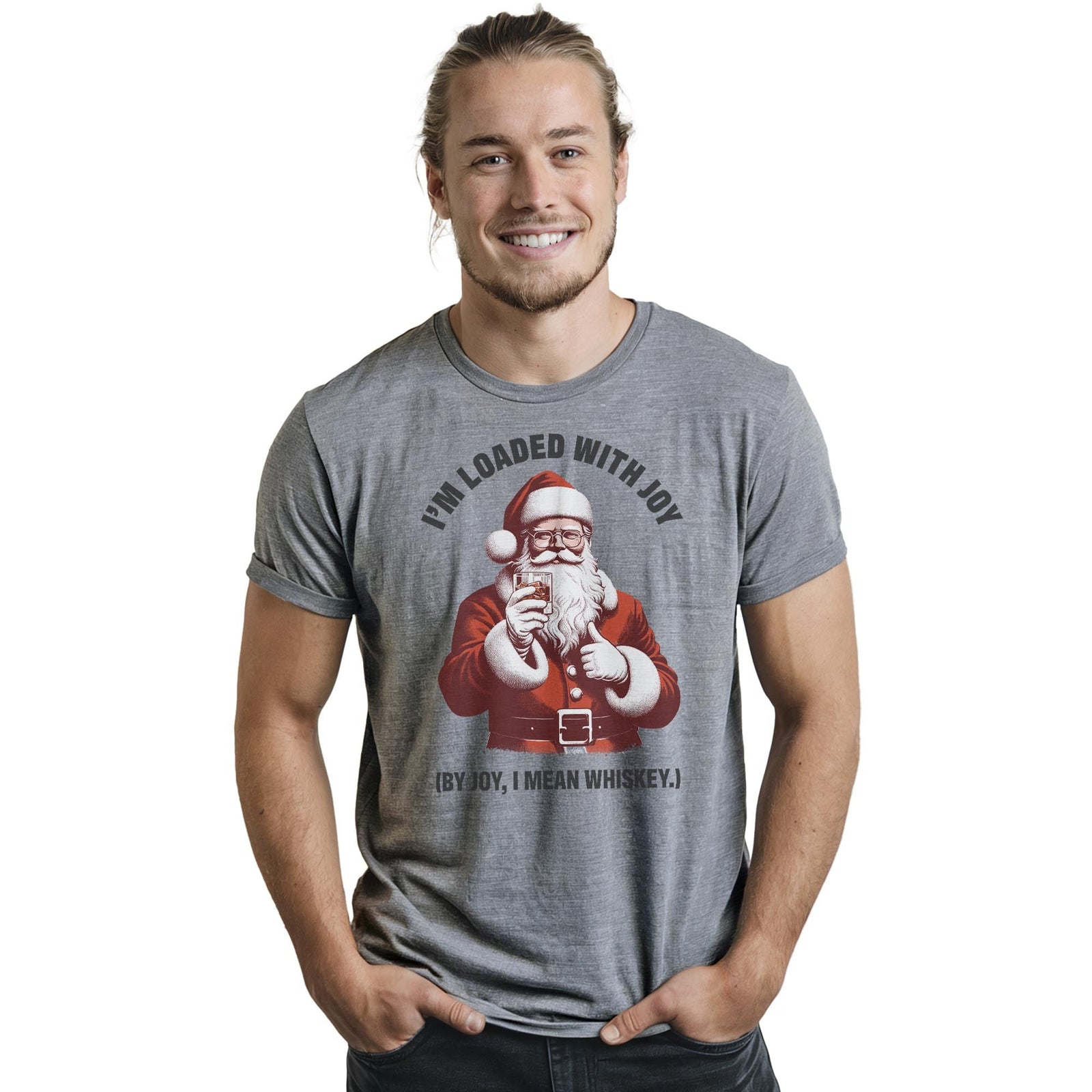 Loaded With Joy Funny Staple T-shirt in Ash Heather On Model - Front View