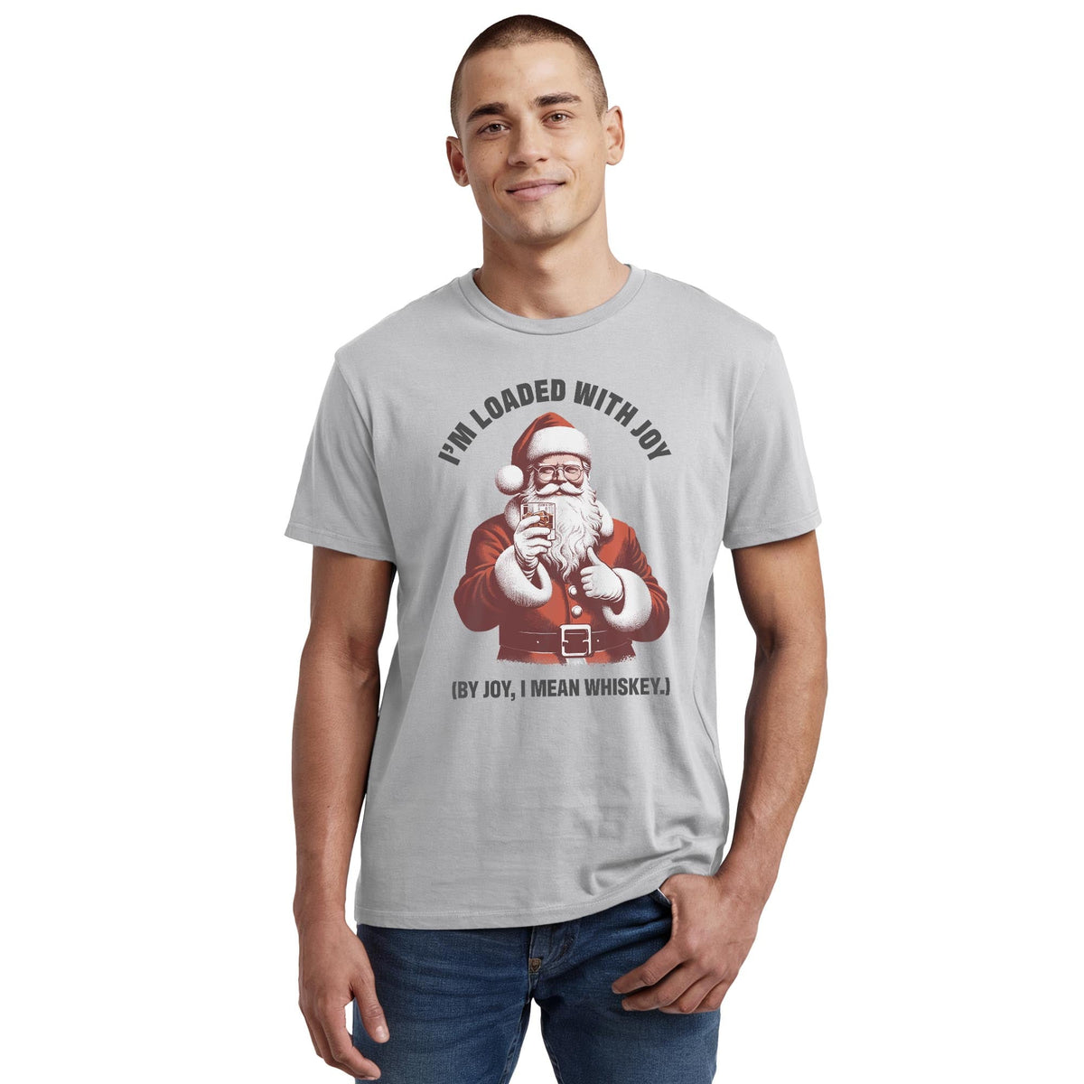 Loaded With Joy Funny Staple T-shirt in Silver On Model - Front View