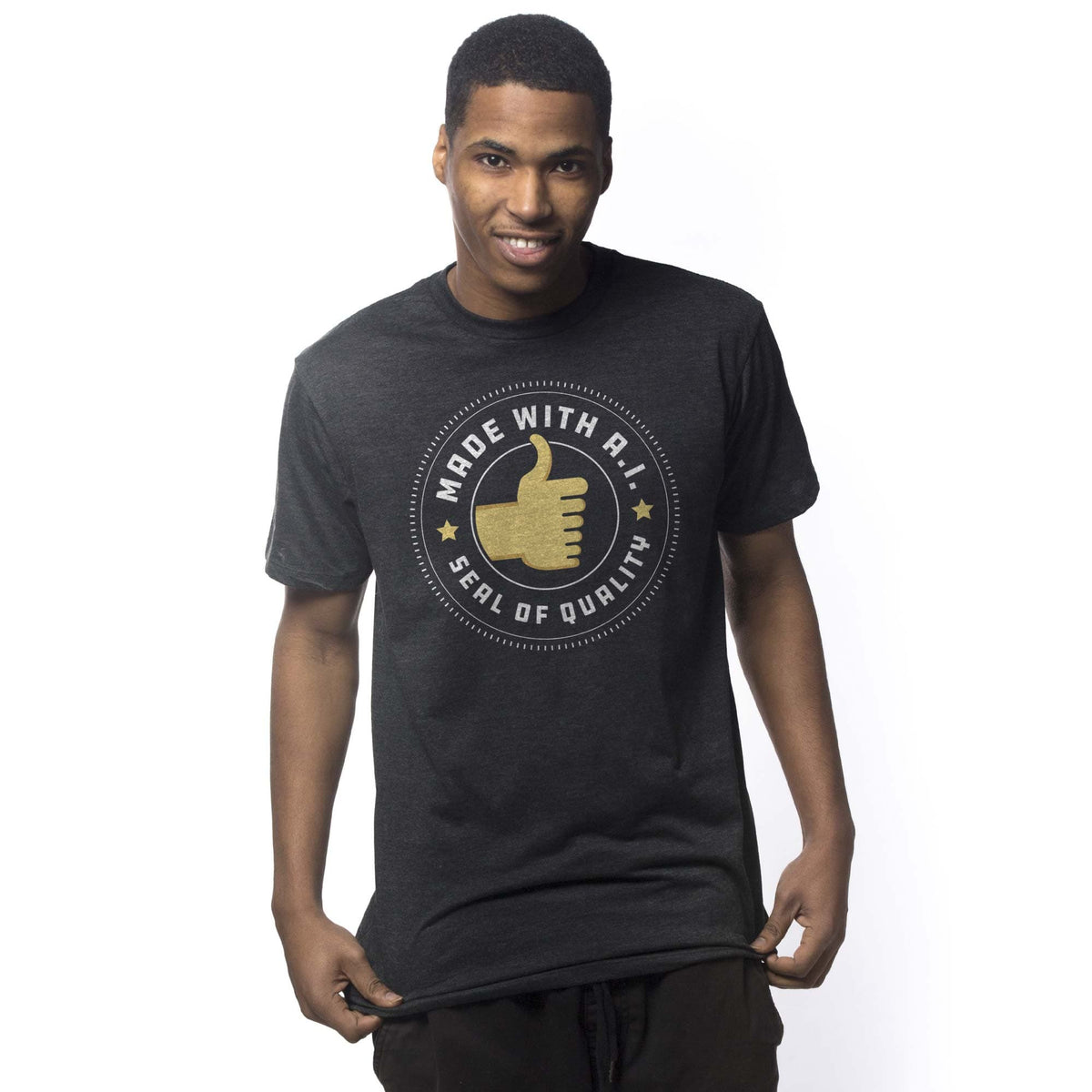 Men's A.I. Seal Of Quality Designer Graphic T-Shirt | Funny Thumbs Up Tee On Model | Solid Threads