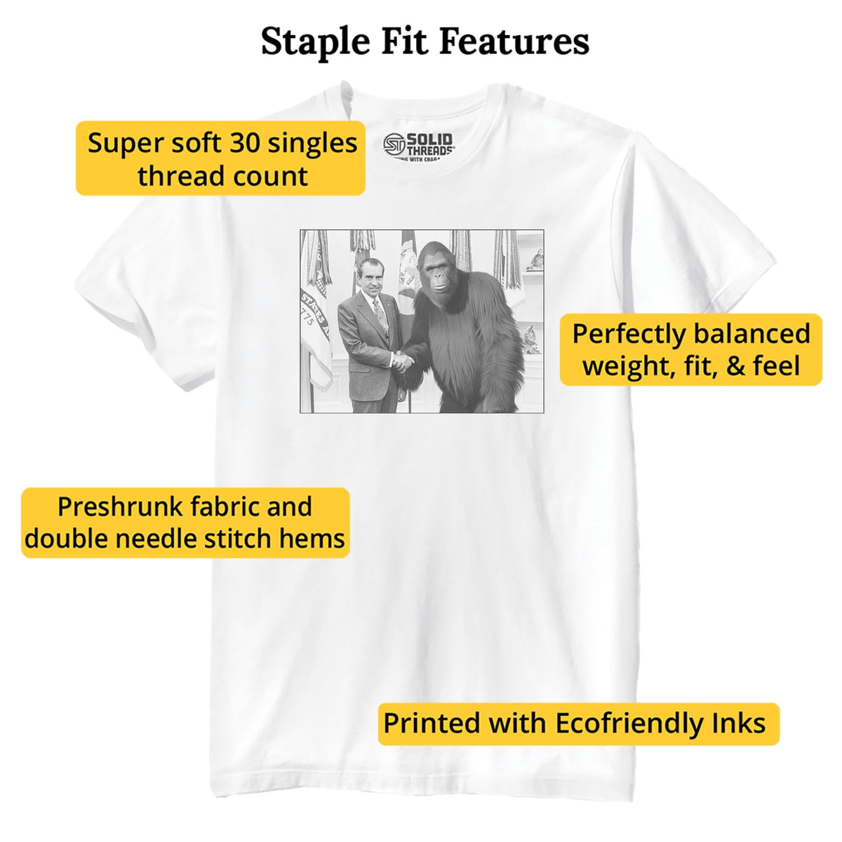 Nixon Meets Bigfoot Funny Staple T-shirt in White - Fit Attributes