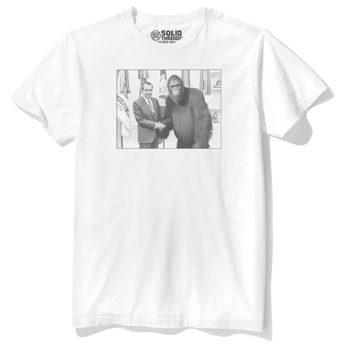 Nixon Meets Bigfoot Funny Staple T-shirt in White - Front View