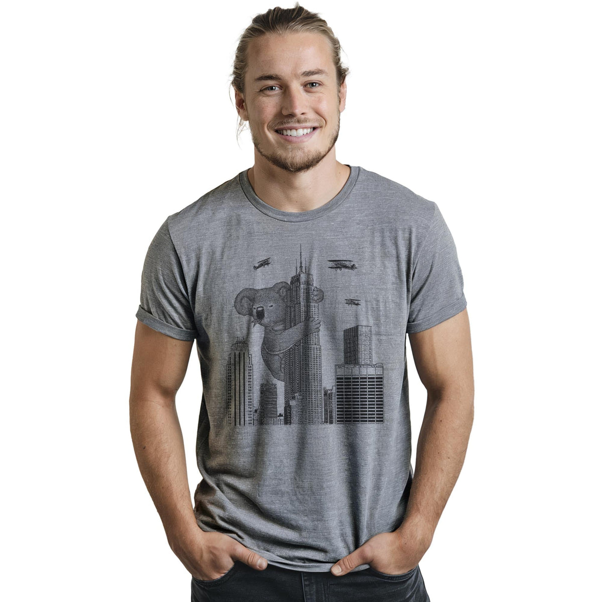 King Koala Funny Staple T-shirt in Ash Heather On Model - Front View