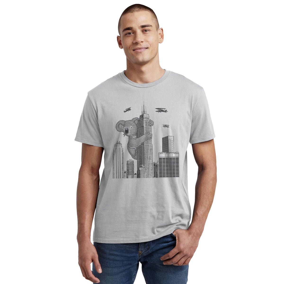 King Koala Funny Staple T-shirt in Silver On Model - Front View