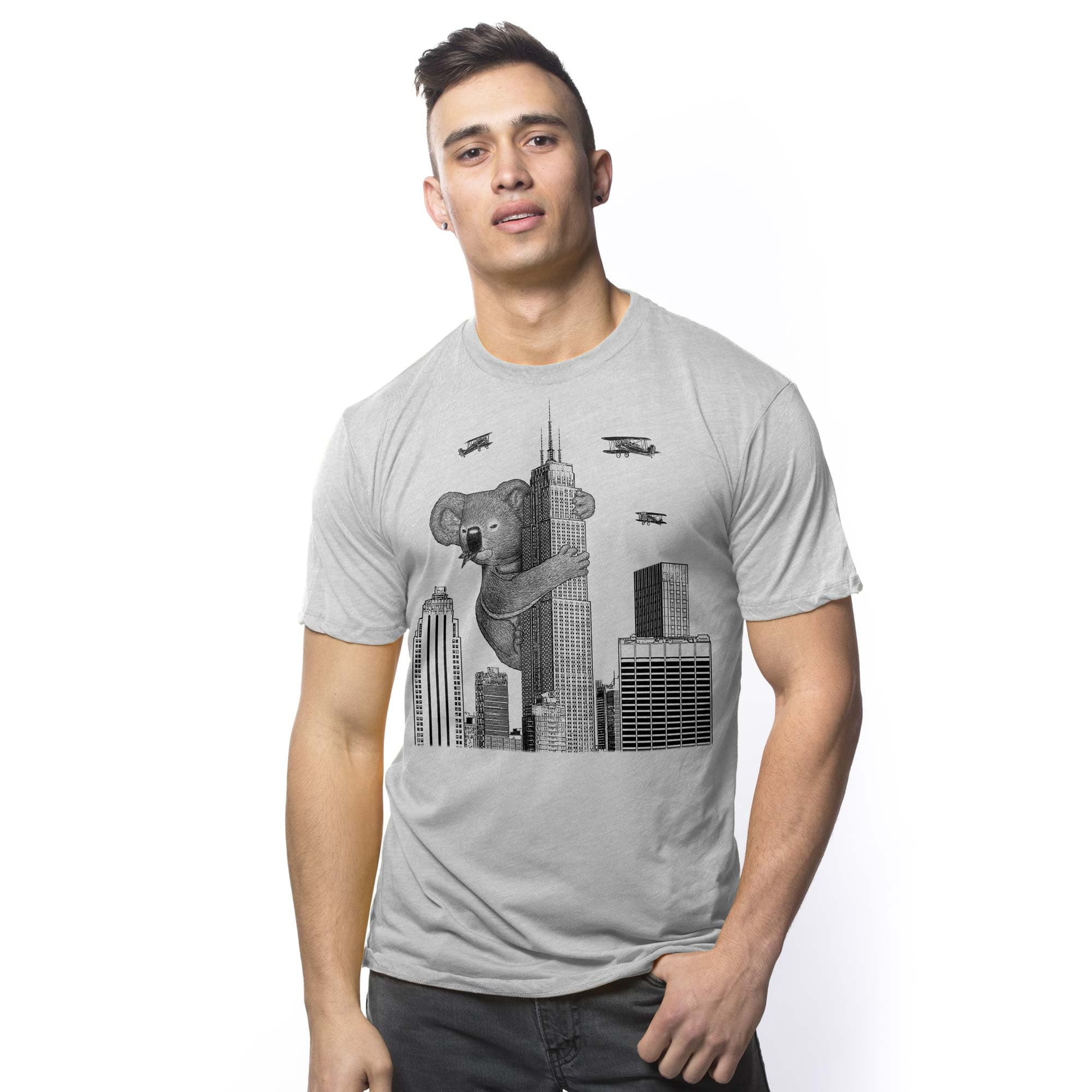 Men's King Koala Funny Graphic T-Shirt | Cool Skyscraper New York Pun Tee On Model | Solid Threads