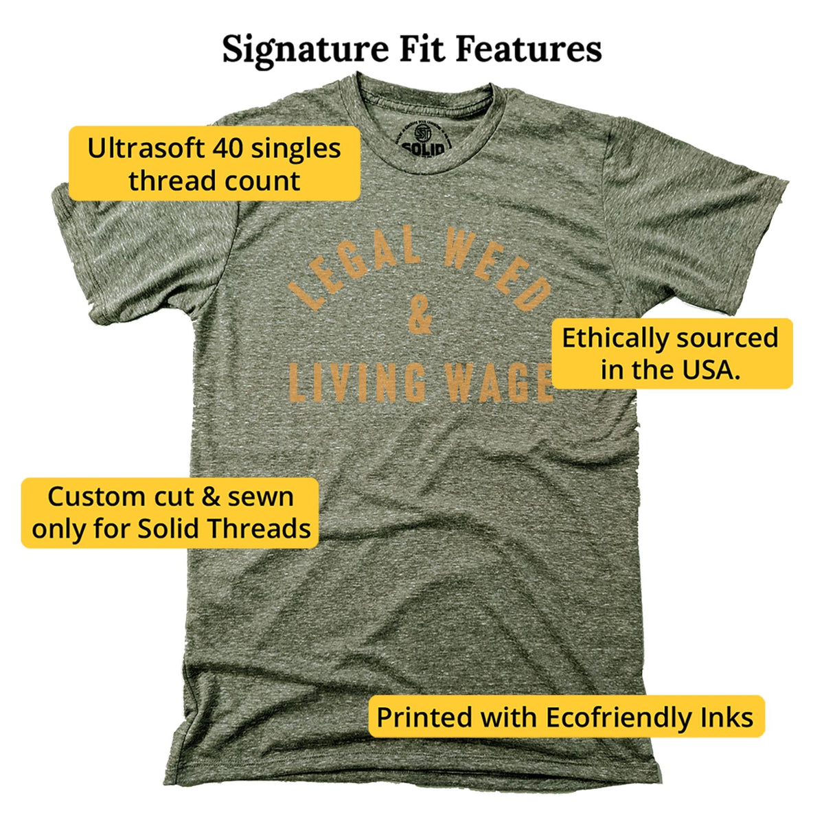 Legal Weed & Living Wage Cool Signature T-shirt in Triblend Olive - Fit Attributes