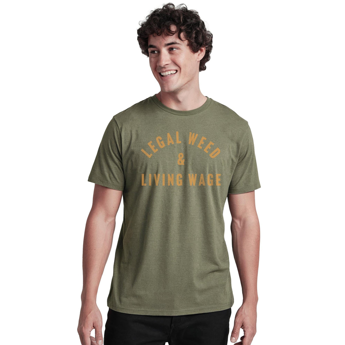 Legal Weed & Living Wage Cool Staple T-shirt in Olive Heather On Model - Front View