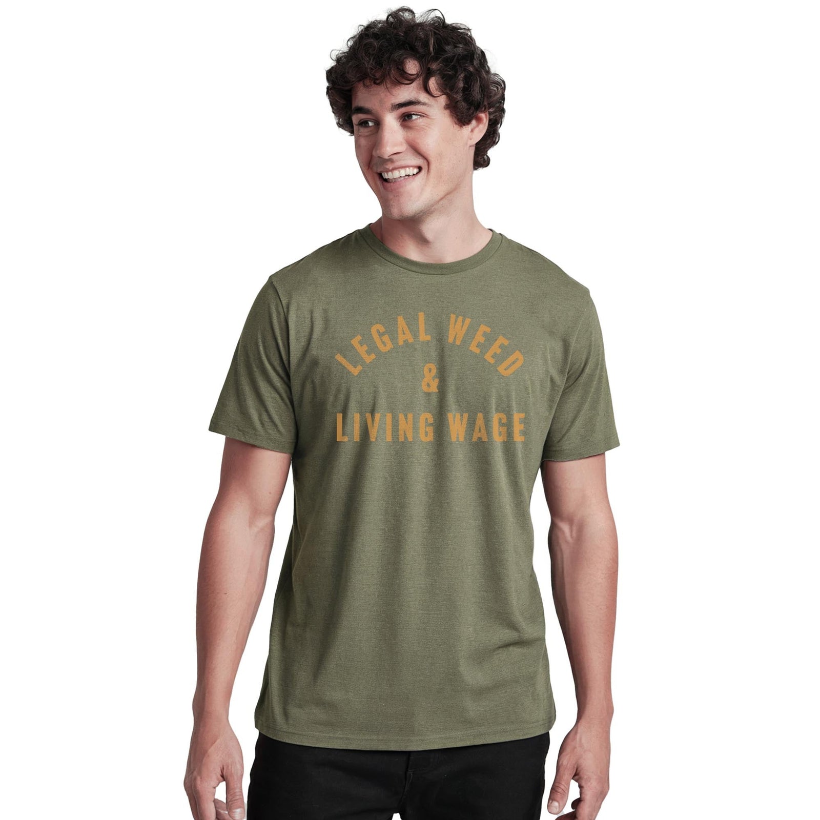 Legal Weed & Living Wage Cool Staple T-shirt in Olive Heather On Model - Front View