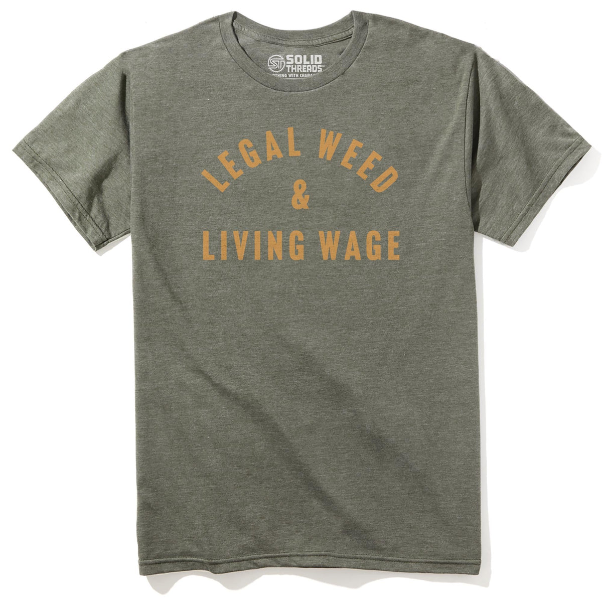 Legal Weed &amp; Living Wage Cool Staple T-shirt in Olive Heather - Front View