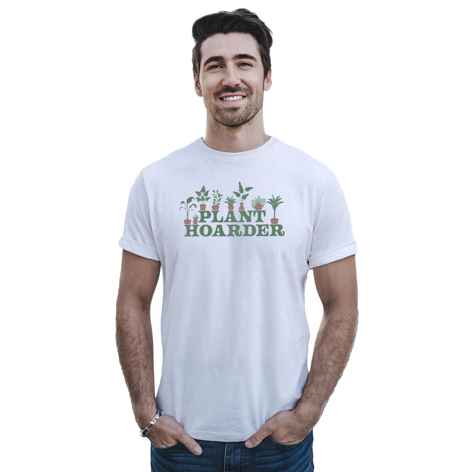 Plant Hoarder Funny Staple T-shirt in White On Model - Front View