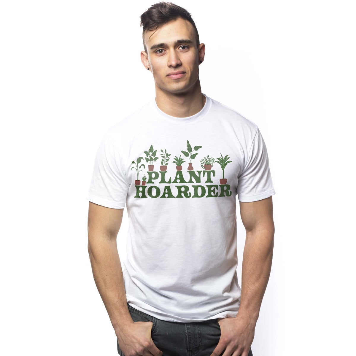 Men's Plant Hoarder Funny Graphic T-Shirt | Designer Gardening Succulents  Tee On Model | Solid Threads