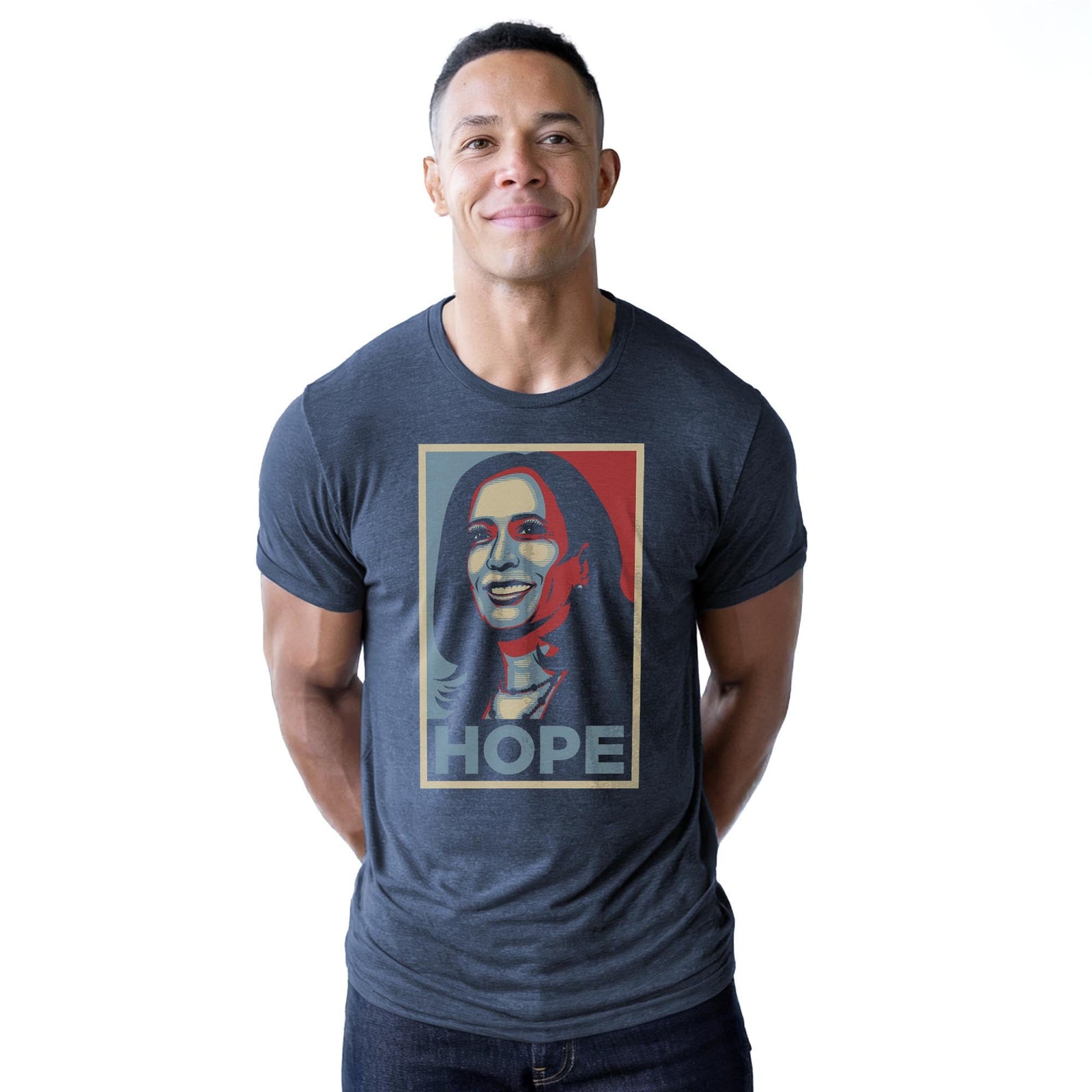 Kamala Hope Designer Staple T-shirt in Navy Heather On Model - Front View