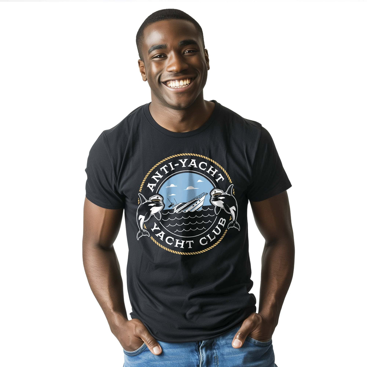 Men's Anti-Yacht Yacht Club Designer Graphic T-Shirt | Cool Orca Whale  Tee On Model | Solid Threads