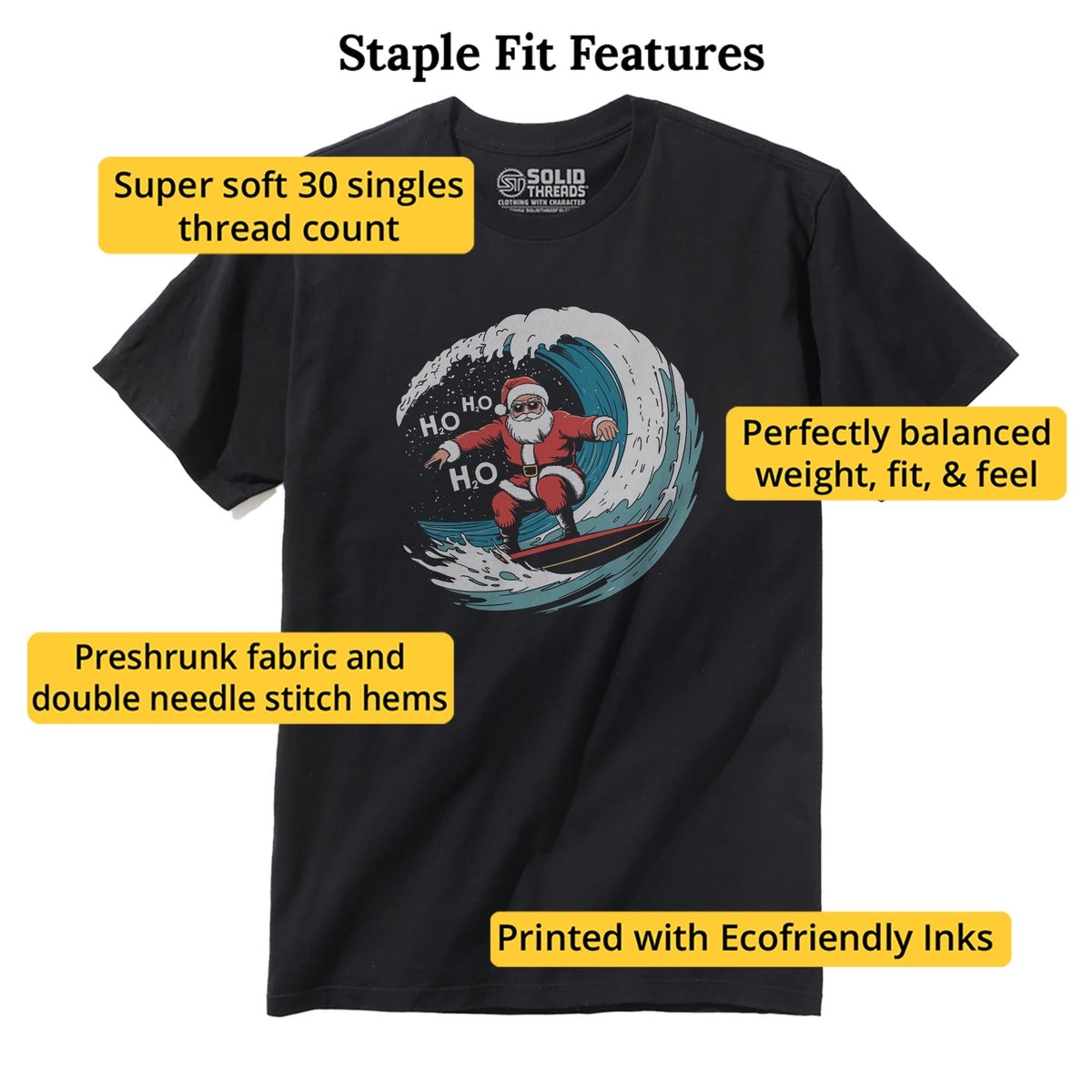 Surfing Santa Vintage Staple T-shirt in Black - Fit Attributes
