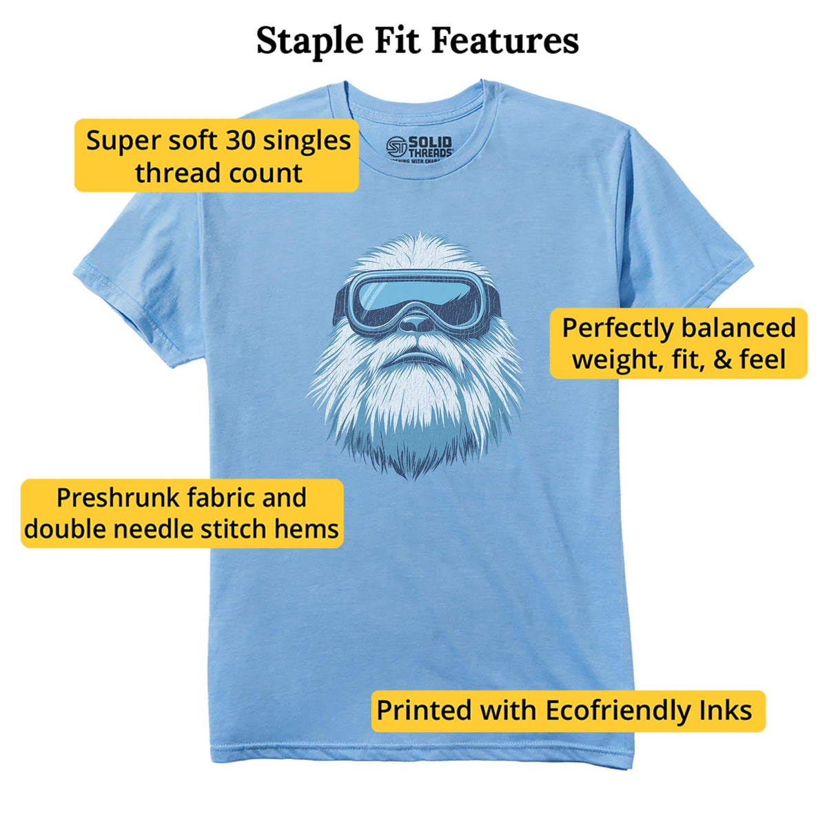 Yeti Skier Funny Staple T-shirt in Light Blue Heather - Fit Attributes