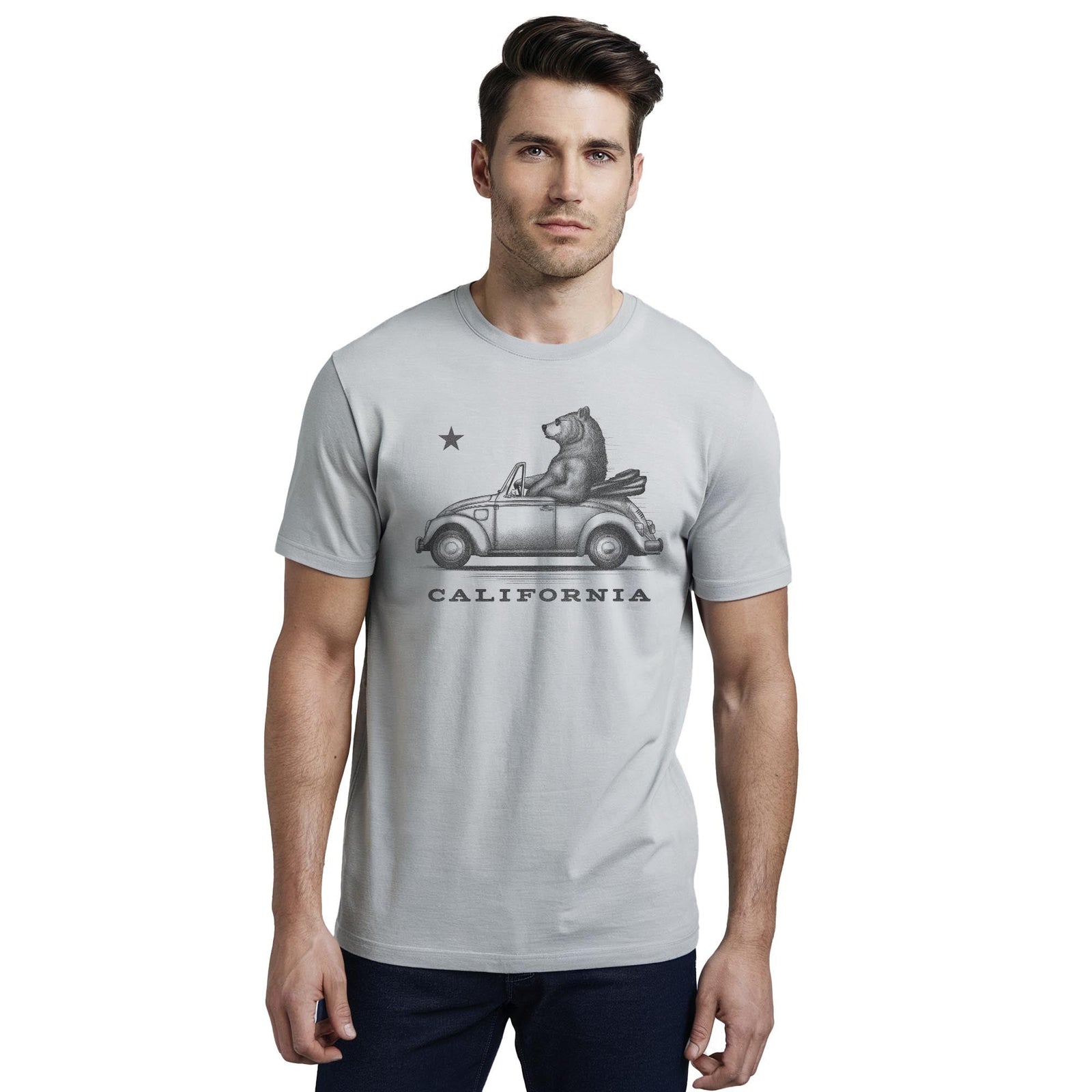 California Cruisin Vintage Staple T-shirt in Silver On Model - Front View