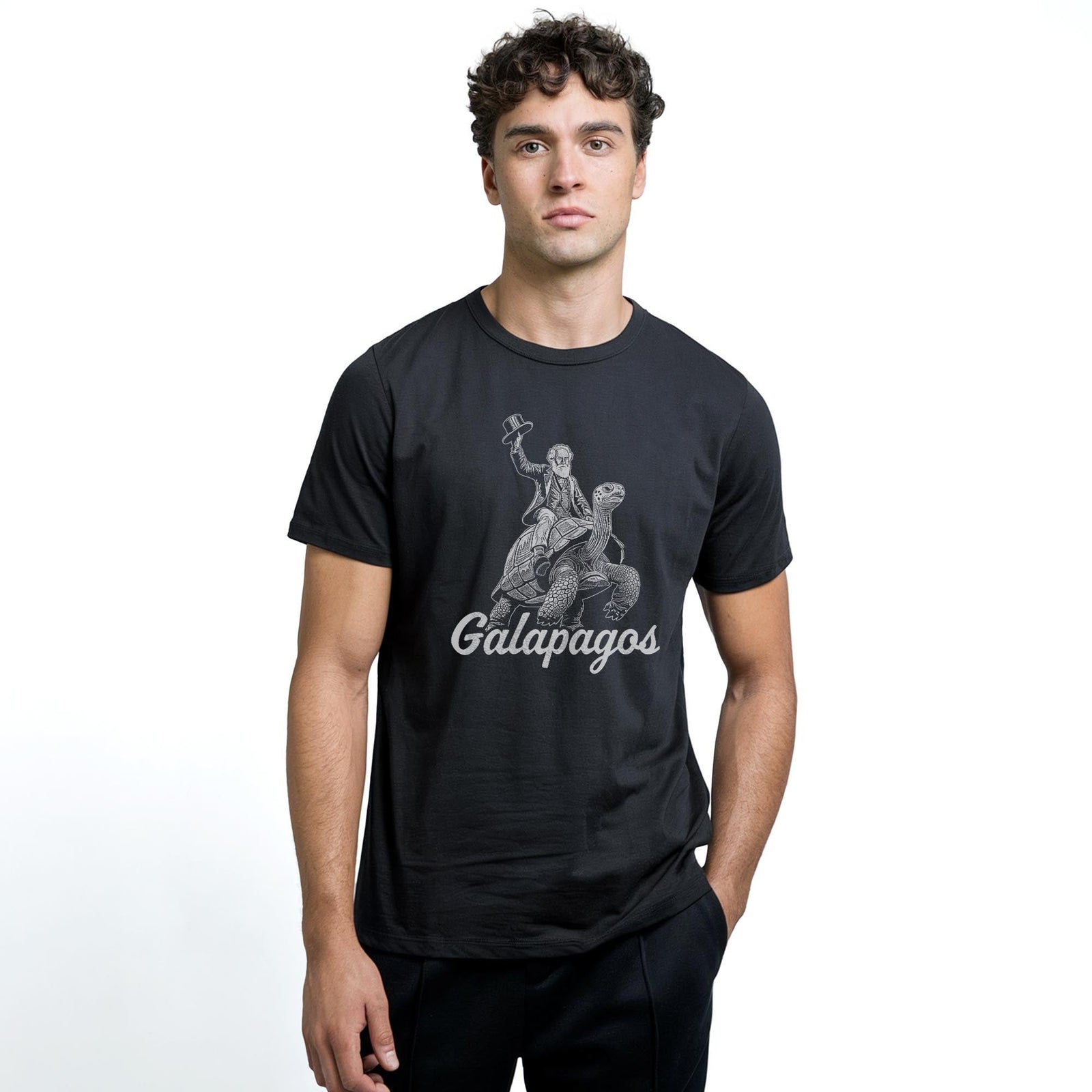 Galapagos Funny Staple T-shirt in Black On Model - Front View