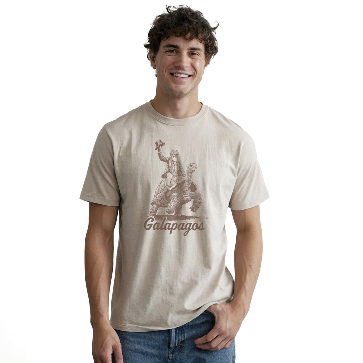 Galapagos Funny Staple T-shirt in Natural On Model - Front View