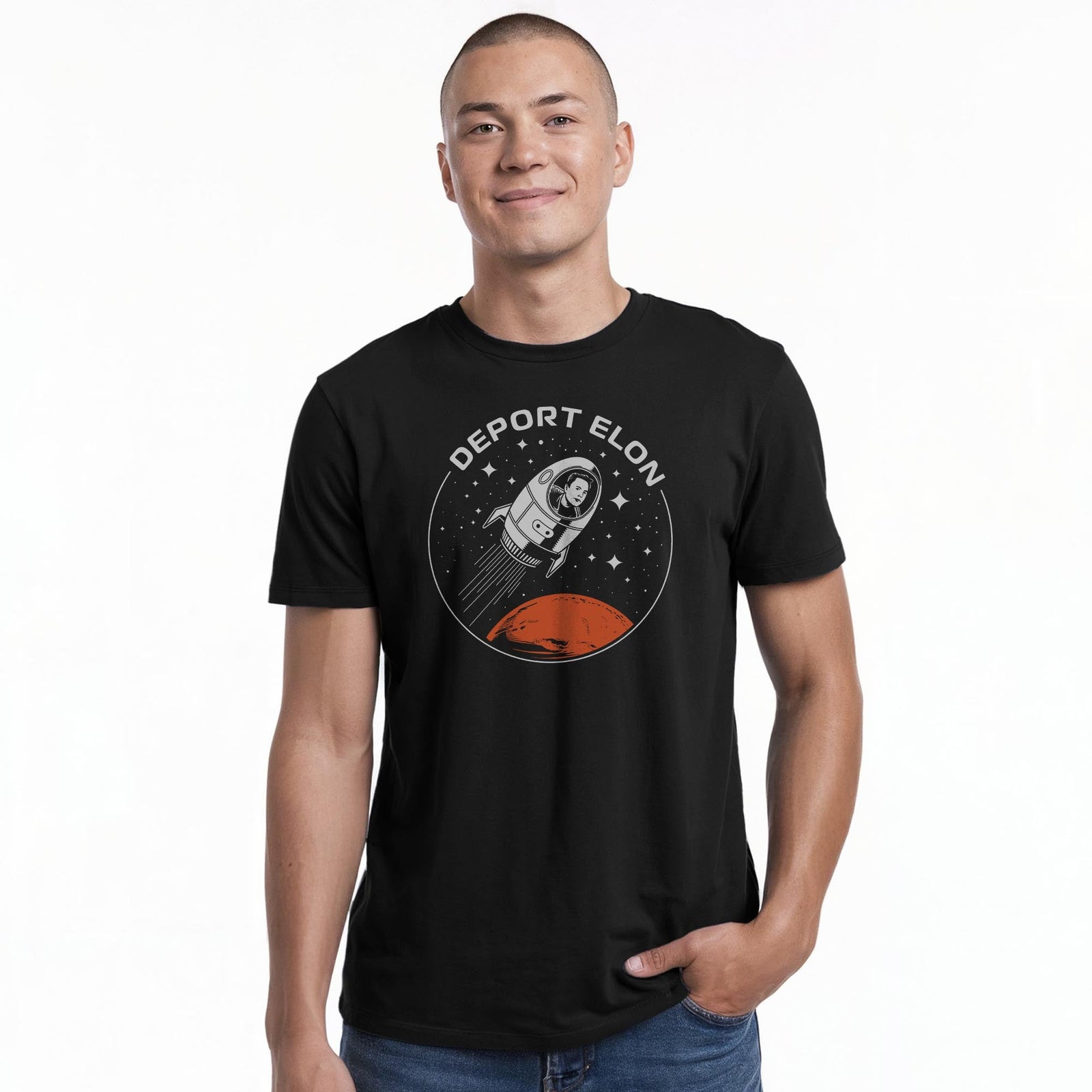 Deport Elon Cool Staple T-shirt in Black On Model - Front View