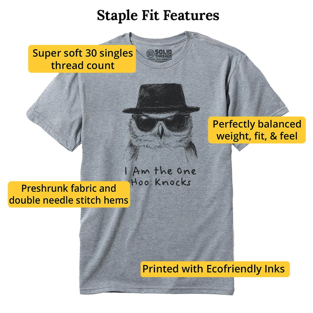 The One Hoo Knocks Funny Staple T-shirt in Ash Heather - Fit Attributes