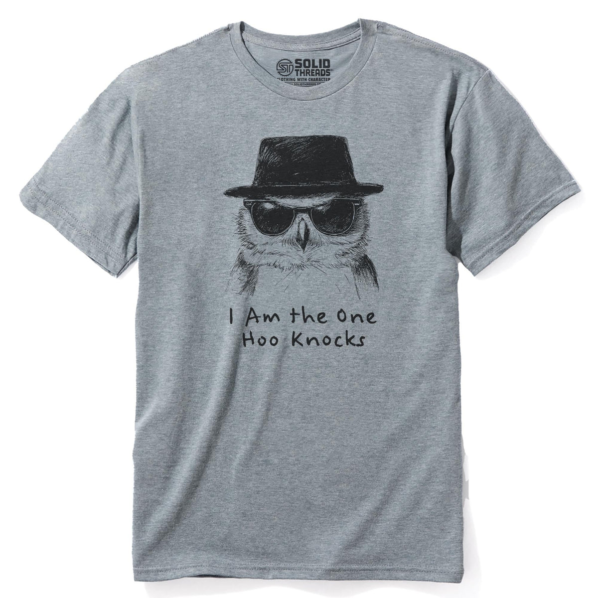 The One Hoo Knocks Funny Staple T-shirt in Ash Heather - Front View