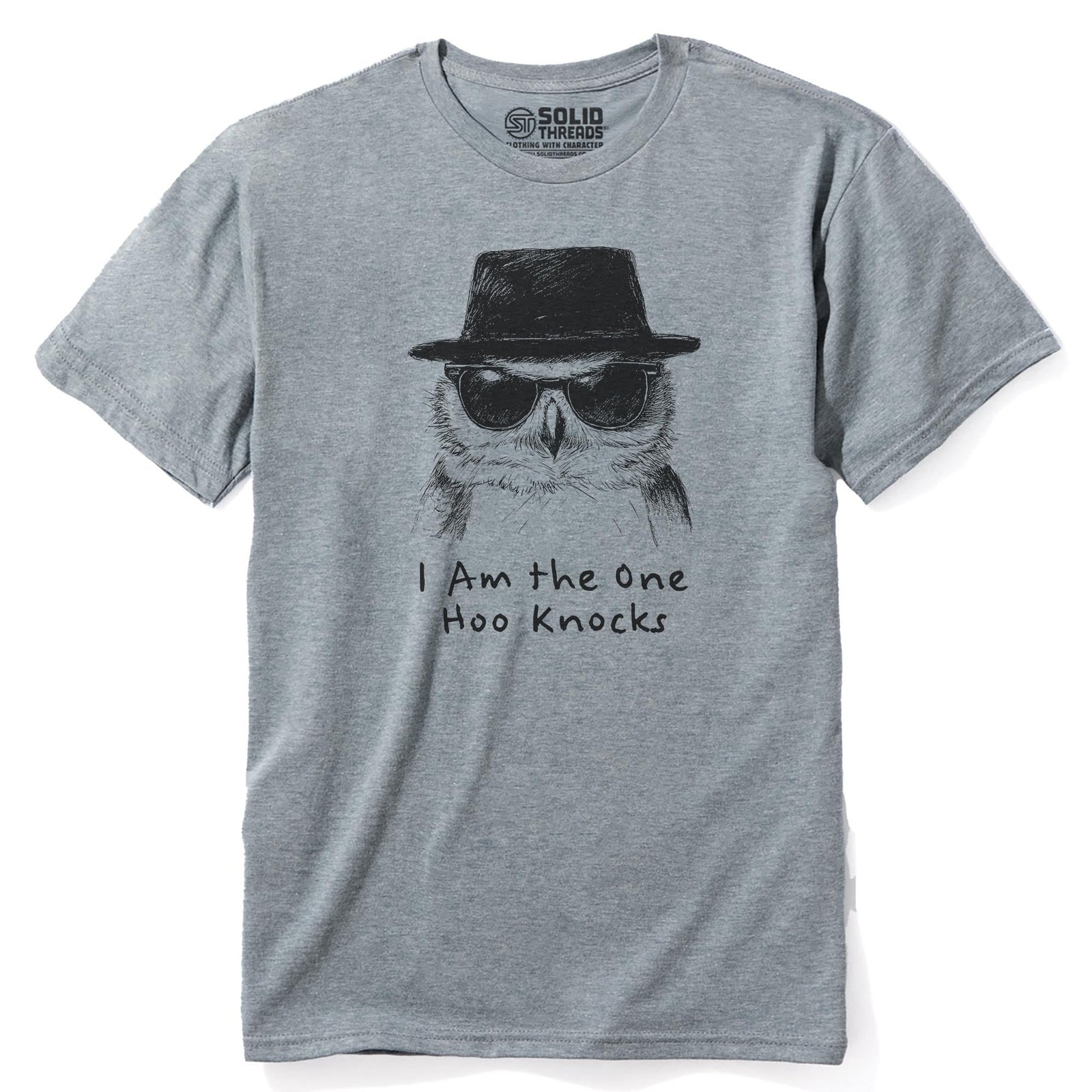The One Hoo Knocks Funny Staple T-shirt in Ash Heather - Front View
