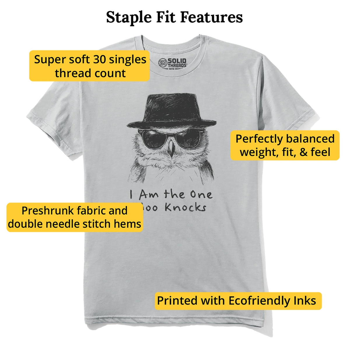 The One Hoo Knocks Funny Staple T-shirt in Silver - Fit Attributes