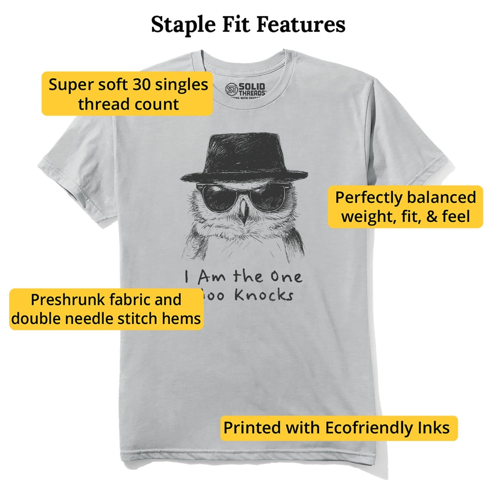 The One Hoo Knocks Funny Staple T-shirt in Silver - Fit Attributes