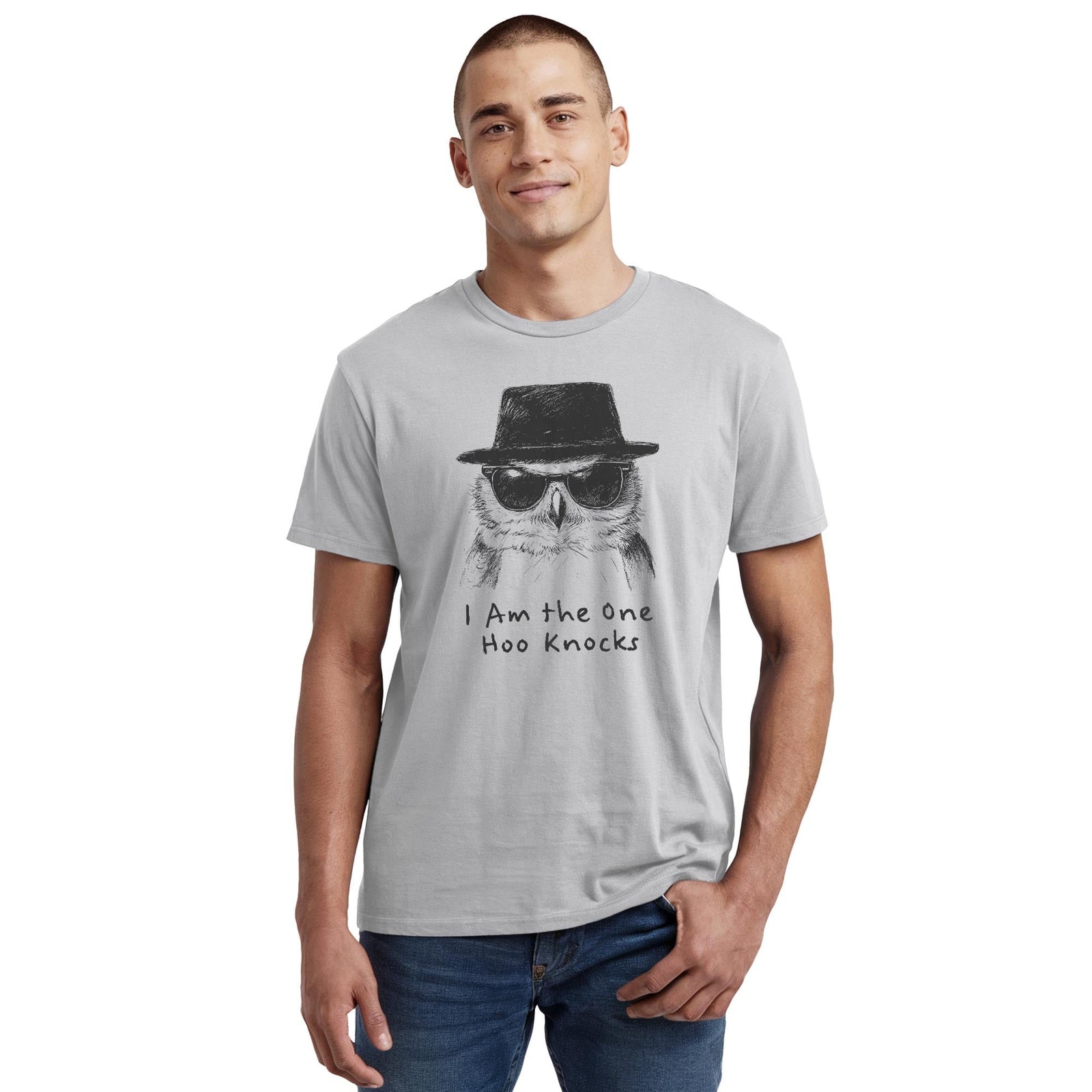 The One Hoo Knocks Funny Staple T-shirt in Silver On Model - Front View