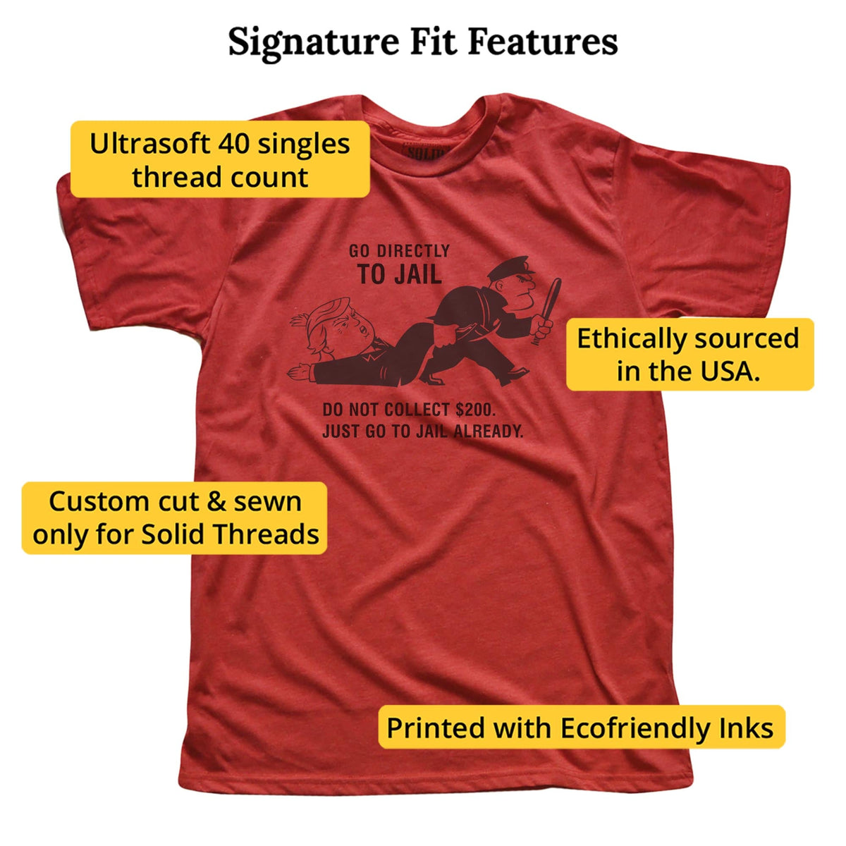 Go Directly To Jail Funny Signature T-shirt in Red - Fit Attributes